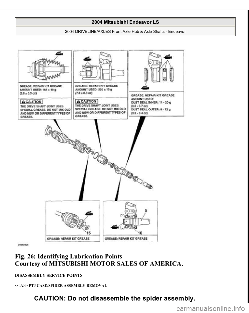 MITSUBISHI ENDEAVOR 2004  Service Repair Manual Fig. 26: Identifying Lubrication Points
 
Courtesy of MITSUBISHI MOTOR SALES OF AMERICA. 
DISASSEMBLY SERVICE POINTS << A>> PTJ CASE/SPIDER ASSEMBLY REMOVAL 
CAUTION: Do not disassemble the spider ass