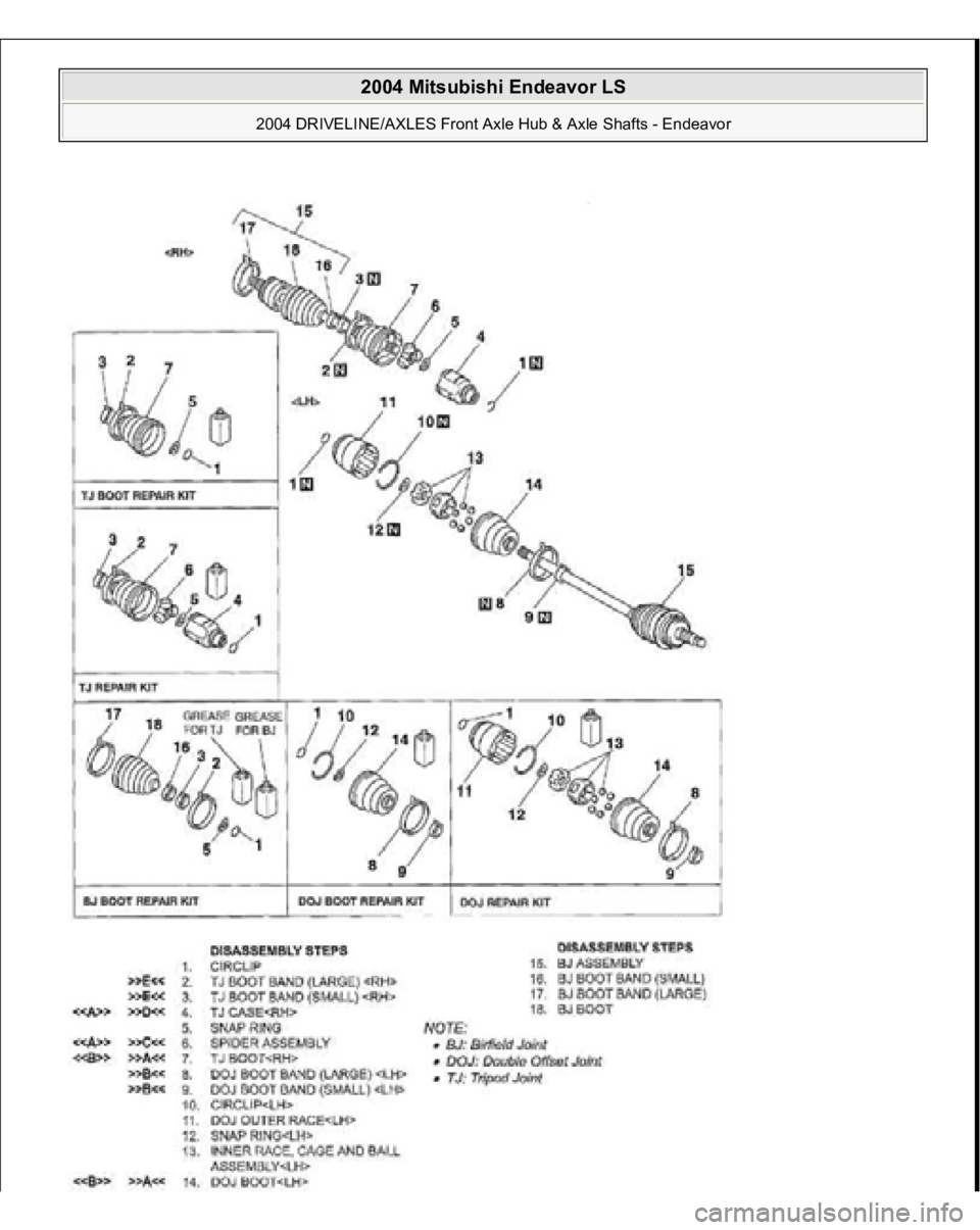 MITSUBISHI ENDEAVOR 2004  Service Repair Manual  
2004 Mitsubishi Endeavor LS 
2004 DRIVELINE/AXLES Front Axle Hub & Axle Shafts - Endeavor
   