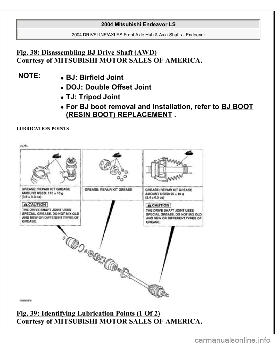 MITSUBISHI ENDEAVOR 2004  Service Repair Manual Fig. 38: Disassembling BJ Drive Shaft (AWD)
 
Courtesy of MITSUBISHI MOTOR SALES OF AMERICA. 
LUBRICATION POINTS Fig. 39: Identifying Lubrication Points (1 Of 2)
 
Courtesy of MITSUBISHI MOTOR SALES O