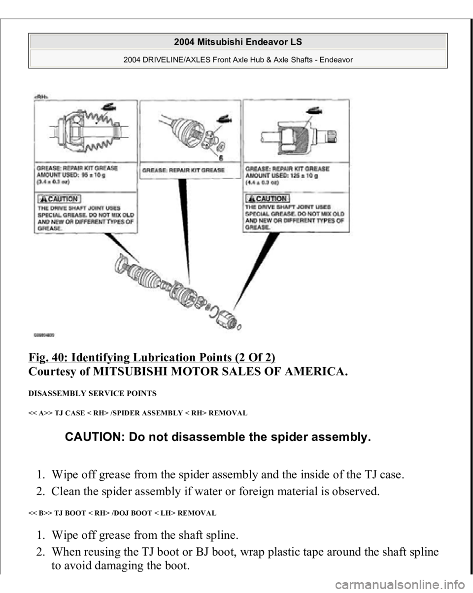 MITSUBISHI ENDEAVOR 2004  Service Repair Manual Fig. 40: Identifying Lubrication Points (2 Of 2)
 
Courtesy of MITSUBISHI MOTOR SALES OF AMERICA. 
DISASSEMBLY SERVICE POINTS << A>> TJ CASE < RH> /SPIDER ASSEMBLY < RH> REMOVAL 1. Wipe off grease fro