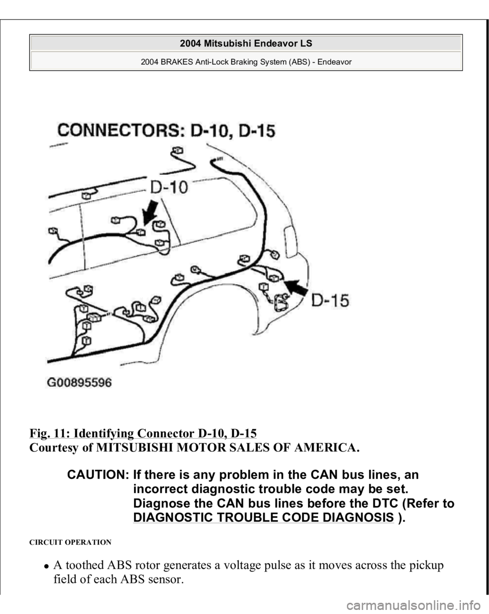 MITSUBISHI ENDEAVOR 2004 Service Repair Manual Fig. 11: Identifying Connector D
-10, D
-15
Courtesy of MITSUBISHI MOTOR SALES OF AMERICA.
CIRCUIT OPERATION
A toothed ABS rotor generates a voltage pulse as it moves across the pickup
field of ea MITSUBISHI ENDEAVOR 2004 Service Repair Manual Fig. 11: Identifying Connector D
-10, D
-15
Courtesy of MITSUBISHI MOTOR SALES OF AMERICA.
CIRCUIT OPERATION
A toothed ABS rotor generates a voltage pulse as it moves across the pickup
field of ea