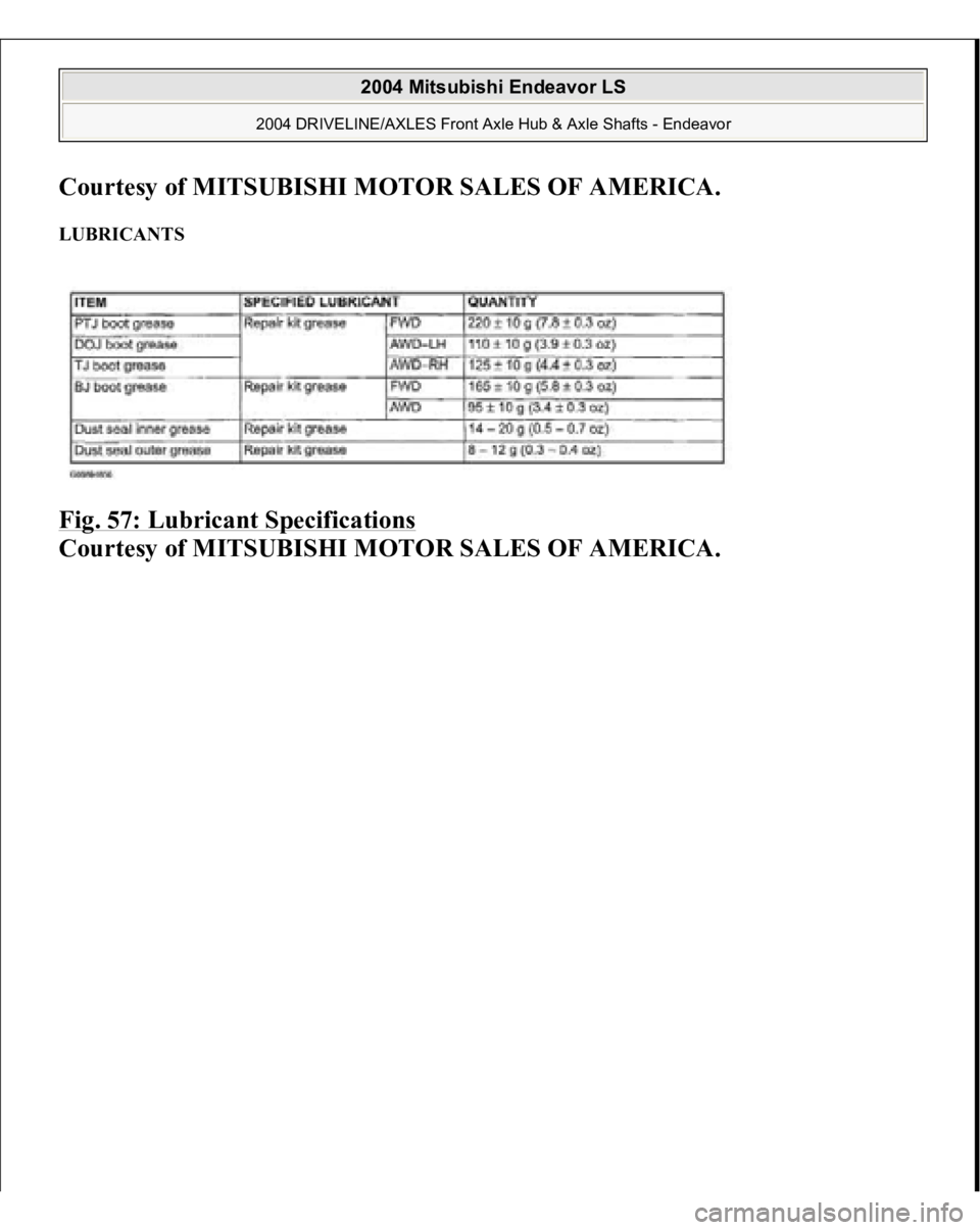MITSUBISHI ENDEAVOR 2004  Service Repair Manual Courtesy of MITSUBISHI MOTOR SALES OF AMERICA
. 
LUBRICANTS Fig. 57: Lubricant Specifications
 
Courtesy of MITSUBISHI MOTOR SALES OF AMERICA.
 
2004 Mitsubishi Endeavor LS 
2004 DRIVELINE/AXLES Front