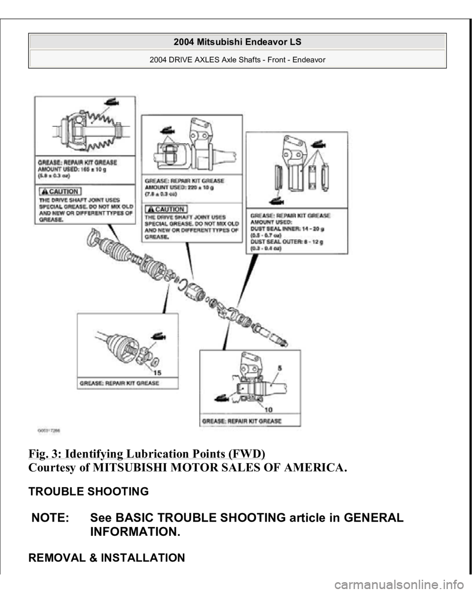 MITSUBISHI ENDEAVOR 2004  Service Repair Manual Fig. 3: Identifying Lubrication Points (FWD)
 
Courtesy of MITSUBISHI MOTOR SALES OF AMERICA. 
TROUBLE SHOOTING 
REMOVAL & INSTALLATIONNOTE: See BASIC TROUBLE SHOOTING article in GENERAL 
INFORMATION.
