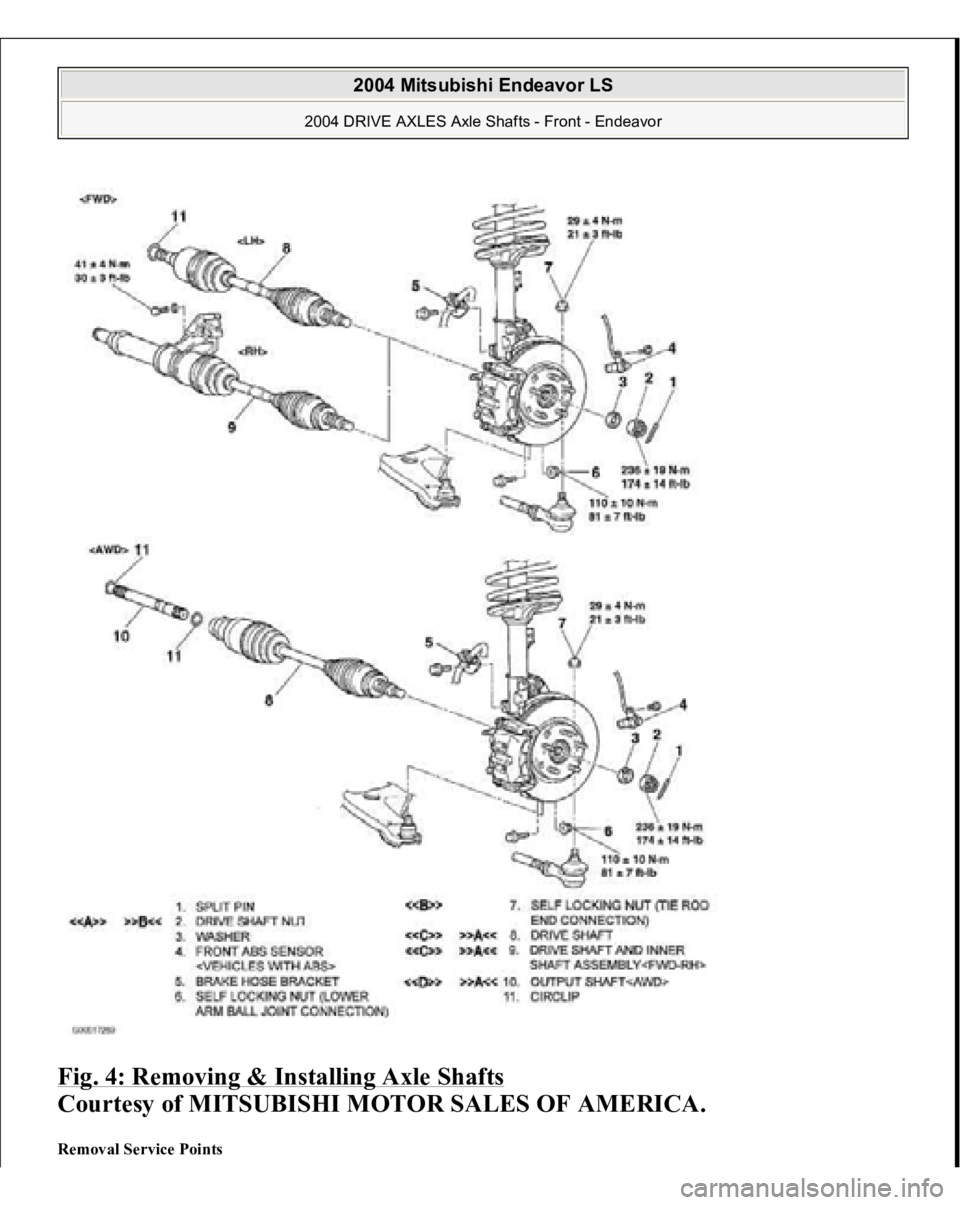 MITSUBISHI ENDEAVOR 2004  Service Repair Manual Fig. 4: Removing & Installing Axle Shafts
 
Courtesy of MITSUBISHI MOTOR SALES OF AMERICA. 
Removal Service Points  
2004 Mitsubishi Endeavor LS 
2004 DRIVE AXLES Axle Shafts - Front - Endeavor
   
