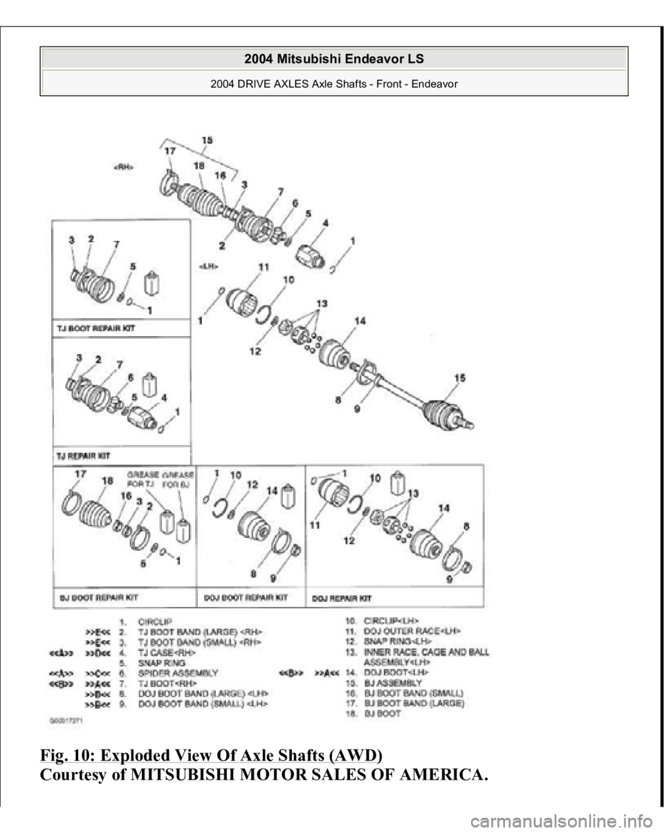 MITSUBISHI ENDEAVOR 2004  Service Repair Manual Fig. 10: Exploded View Of Axle Shafts (AWD)
 
Courtesy of MITSUBISHI MOTOR SALES OF AMERICA.
 
2004 Mitsubishi Endeavor LS 
2004 DRIVE AXLES Axle Shafts - Front - Endeavor
   