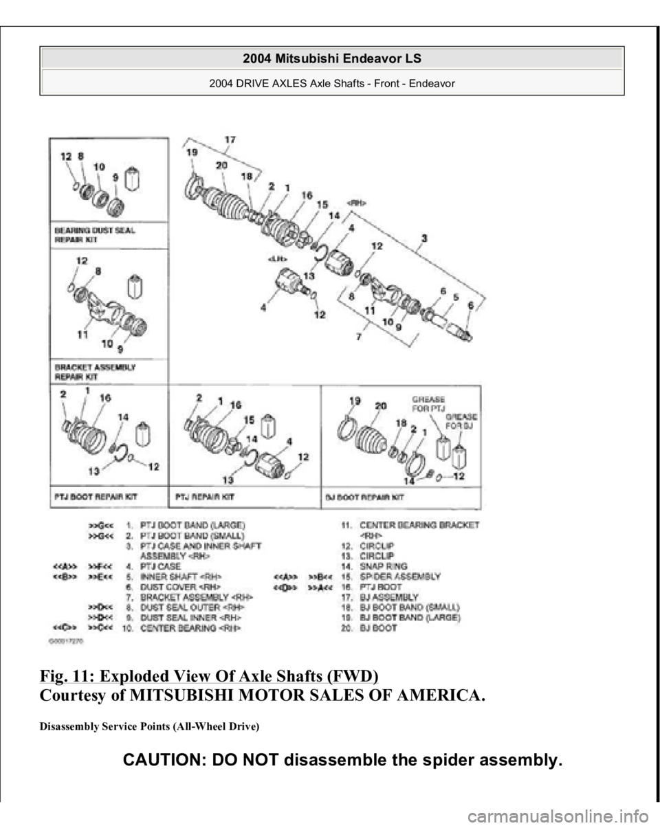 MITSUBISHI ENDEAVOR 2004  Service Repair Manual Fig. 11: Exploded View Of Axle Shafts (FWD)
 
Courtesy of MITSUBISHI MOTOR SALES OF AMERICA. 
Disassembly Service Points (All-Wheel Drive) 
CAUTION: DO NOT disassemble the spider assembly.
 
2004 Mits