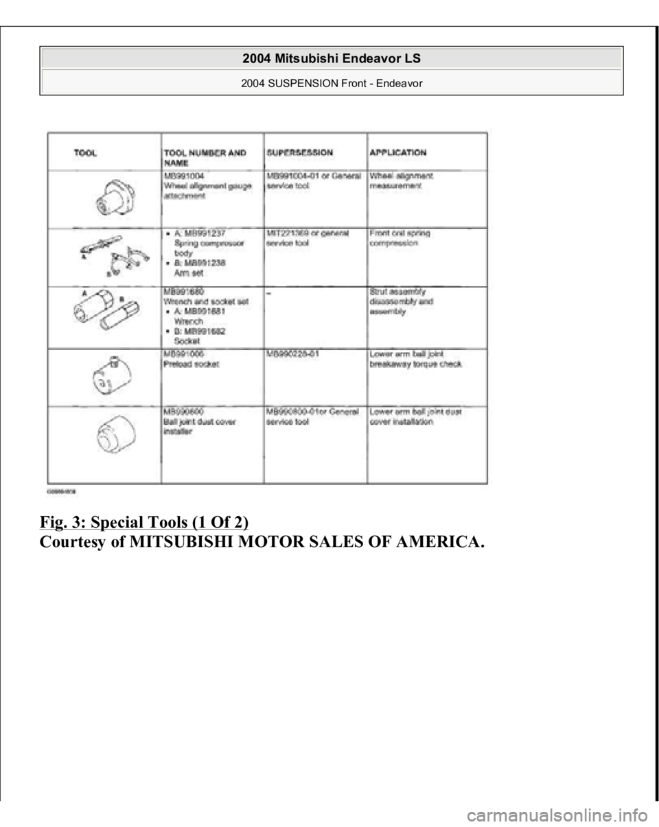 MITSUBISHI ENDEAVOR 2004  Service Repair Manual Fig. 3: Special Tools (1 Of 2)
 
Courtesy of MITSUBISHI MOTOR SALES OF AMERICA.
 
2004 Mitsubishi Endeavor LS 2004 SUSPENSION Front - Endeavor
   
