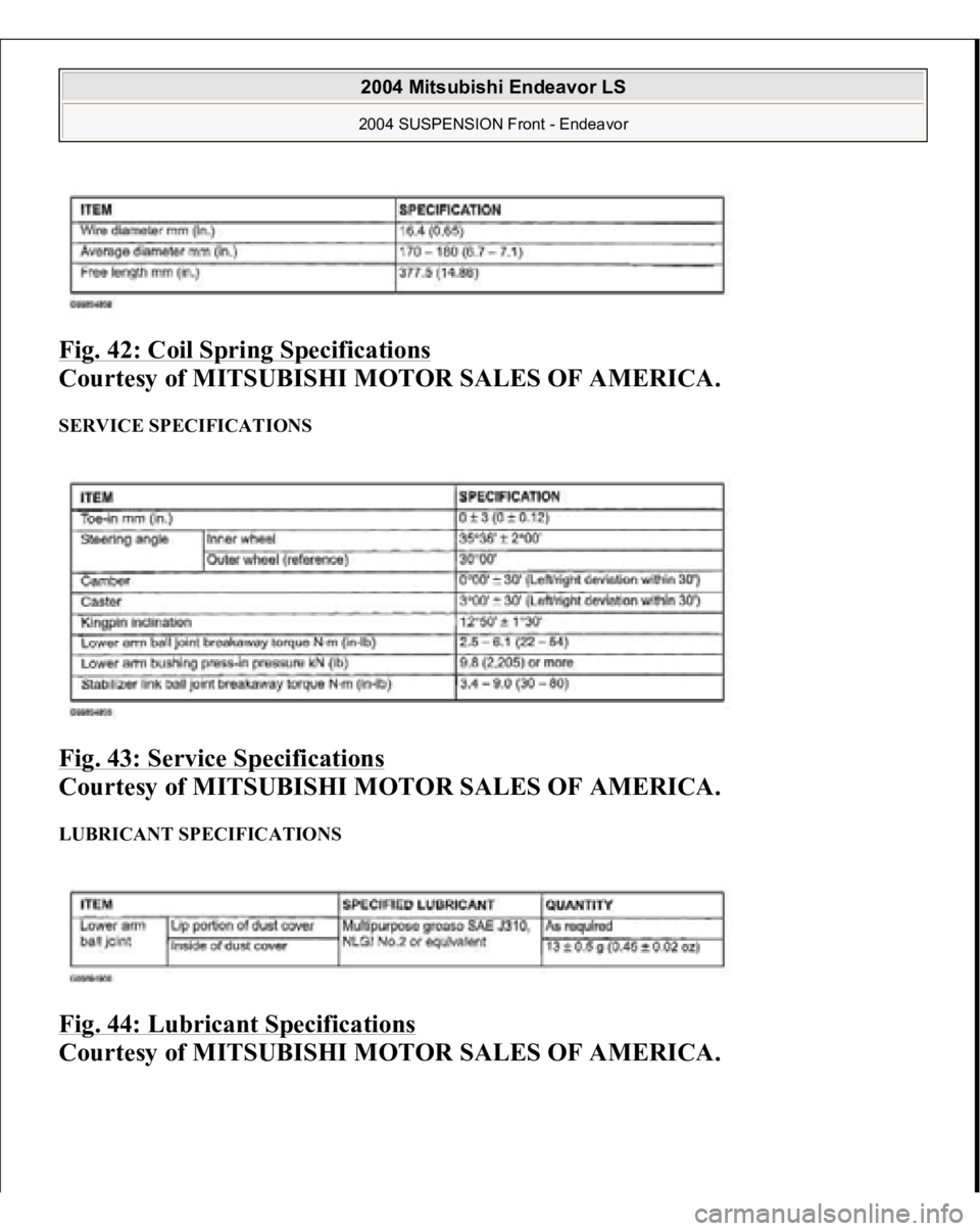 MITSUBISHI ENDEAVOR 2004  Service Repair Manual Fig. 42: Coil Spring Specifications
 
Courtesy of MITSUBISHI MOTOR SALES OF AMERICA. 
SERVICE SPECIFICATIONS Fig. 43: Service Specifications
 
Courtesy of MITSUBISHI MOTOR SALES OF AMERICA. 
LUBRICANT