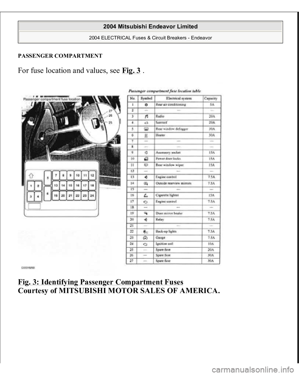 MITSUBISHI ENDEAVOR 2004  Service Repair Manual PASSENGER COMPARTMENTFor fuse location and values, see Fig. 3
 . 
Fig. 3: Identifying Passenger Compartment Fuses
 
Courtes
y of MITSUBISHI MOTOR SALES OF AMERICA
.
 
2004 Mitsubishi Endeavor Limited 