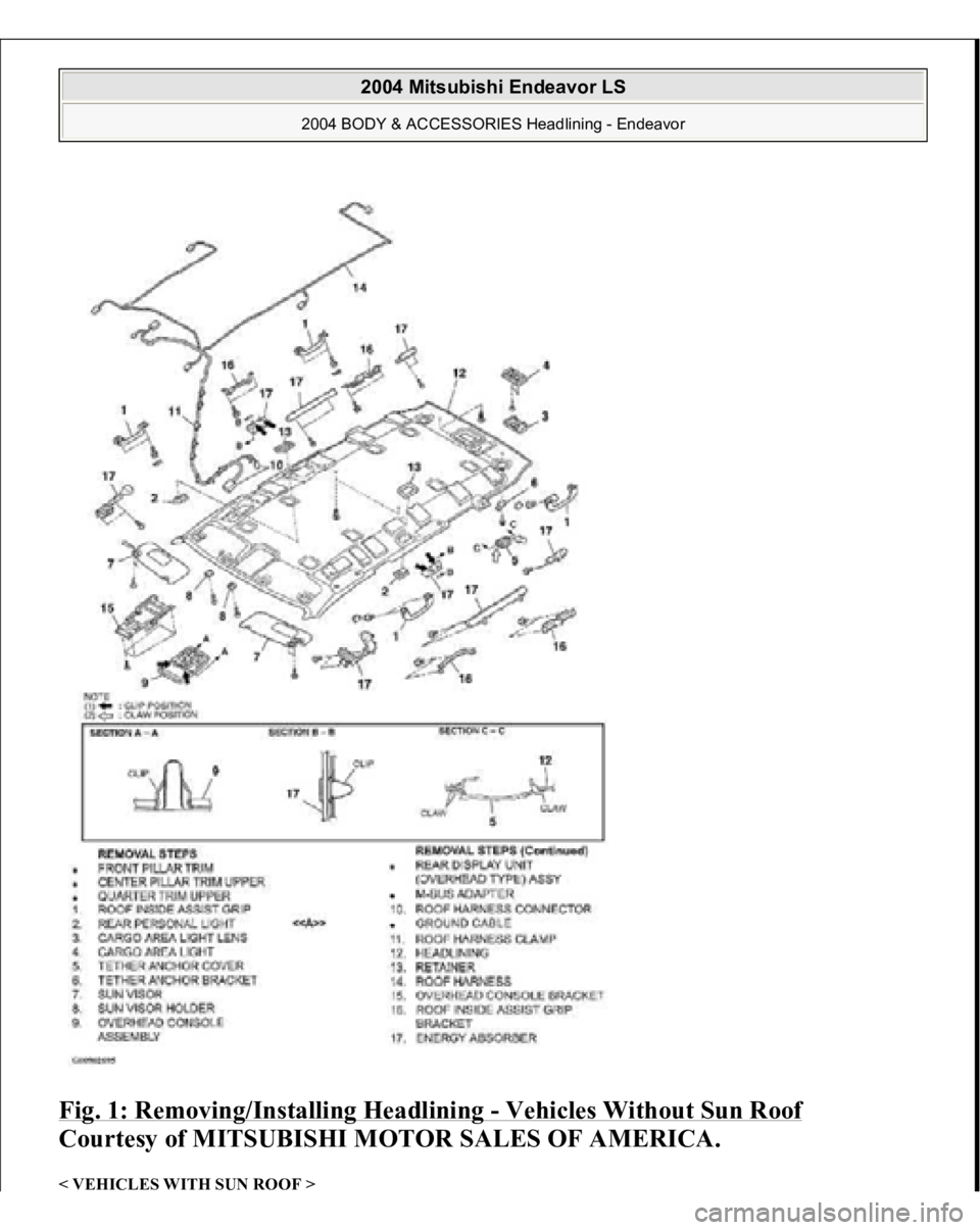 MITSUBISHI ENDEAVOR 2004  Service Repair Manual Fig. 1: Removing/Installing Headlining 
- Vehicles Without Sun Roof
 
Courtesy of MITSUBISHI MOTOR SALES OF AMERICA. 
< VEHICLES WITH SUN ROOF >  
2004 Mitsubishi Endeavor LS 
2004 BODY & ACCESSORIES 