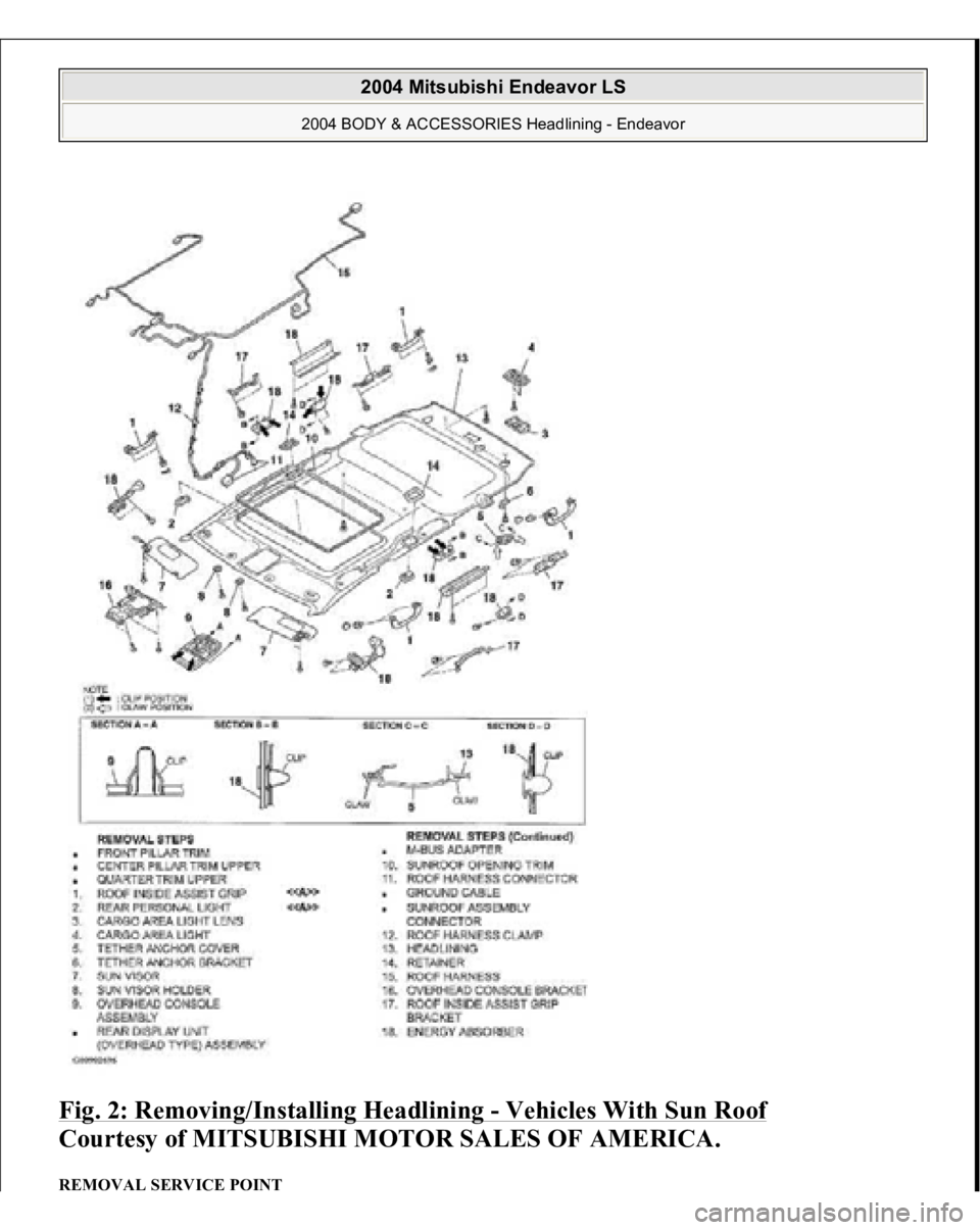 MITSUBISHI ENDEAVOR 2004  Service Repair Manual Fig. 2: Removing/Installing Headlining 
- Vehicles With Sun Roof
 
Courtesy of MITSUBISHI MOTOR SALES OF AMERICA. 
REMOVAL SERVICE POINT  
2004 Mitsubishi Endeavor LS 
2004 BODY & ACCESSORIES Headlini
