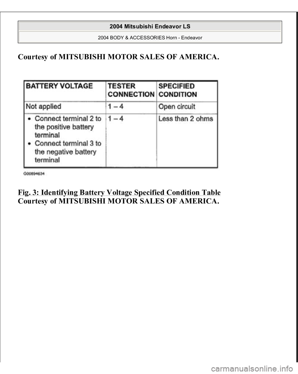 MITSUBISHI ENDEAVOR 2004  Service Repair Manual Courtesy of MITSUBISHI MOTOR SALES OF AMERICA
. 
Fig. 3: Identifying Battery Voltage Specified Condition Table 
Courtesy of MITSUBISHI MOTOR SALES OF AMERICA.
 
2004 Mitsubishi Endeavor LS 
2004 BODY 