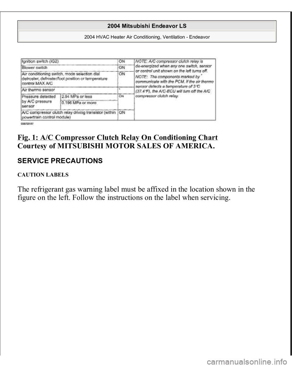 MITSUBISHI ENDEAVOR 2004 Service Repair Manual Fig. 1: A/C Compressor Clutch Relay On Conditioning Chart
Courtesy of MITSUBISHI MOTOR SALES OF AMERICA.
SERVICE PRECAUTIONS CAUTION LABELS The refrigerant gas warning label must be affixed in the MITSUBISHI ENDEAVOR 2004 Service Repair Manual Fig. 1: A/C Compressor Clutch Relay On Conditioning Chart
Courtesy of MITSUBISHI MOTOR SALES OF AMERICA.
SERVICE PRECAUTIONS CAUTION LABELS The refrigerant gas warning label must be affixed in the