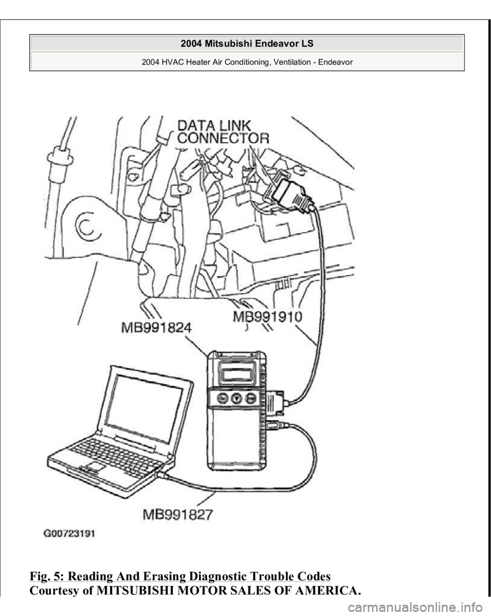 MITSUBISHI ENDEAVOR 2004  Service Repair Manual Fig. 5: Reading And Erasing Diagnostic Trouble Codes
 
Courtes
y of MITSUBISHI MOTOR SALES OF AMERICA
.
 
2004 Mitsubishi Endeavor LS 
2004 HVAC Heater Air Conditioning, Ventilation - Endeavor
   