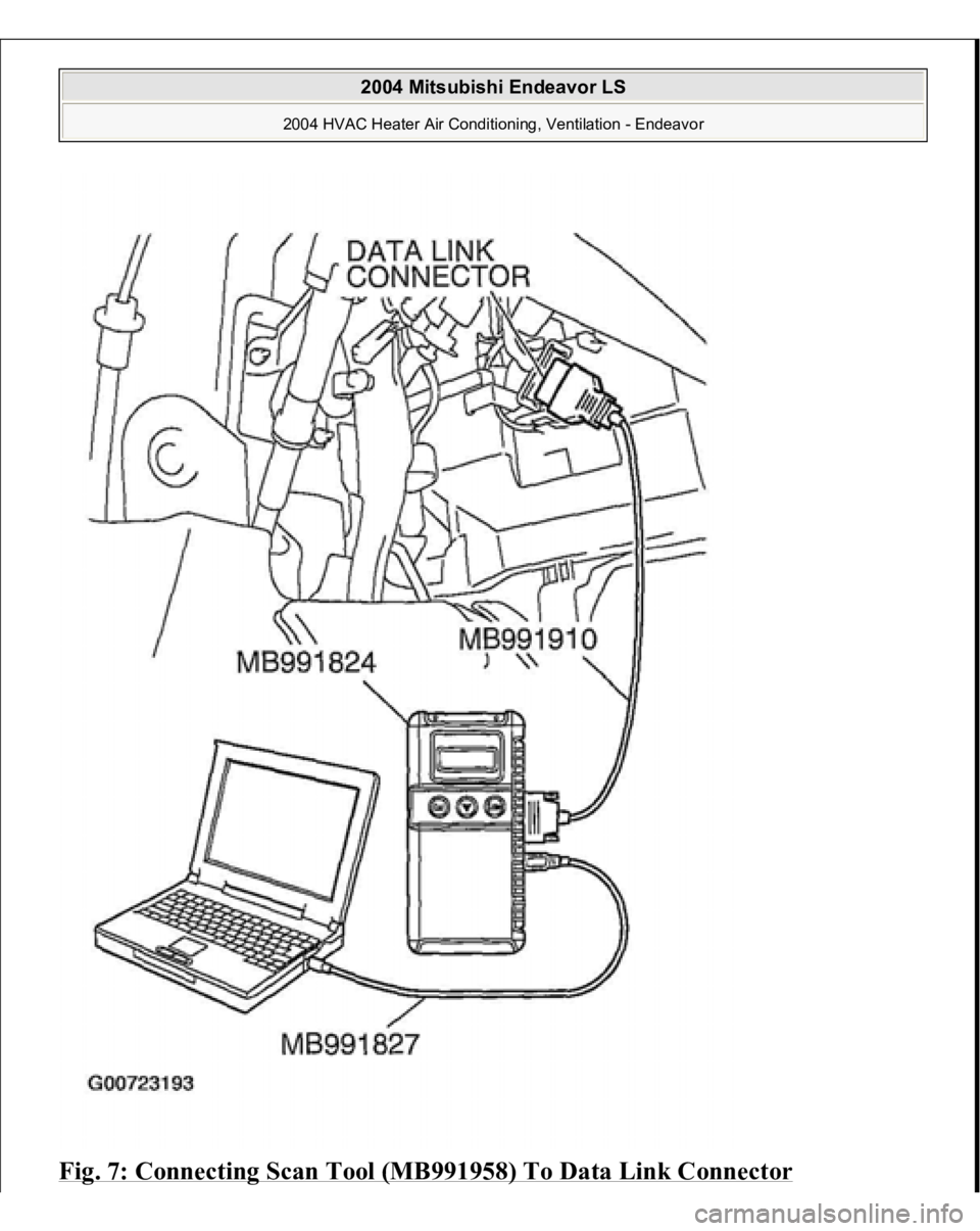 MITSUBISHI ENDEAVOR 2004  Service Repair Manual Fig. 7: Connecting Scan Tool (MB991958) To Data Link Connector 
2004 Mitsubishi Endeavor LS 
2004 HVAC Heater Air Conditioning, Ventilation - Endeavor
   