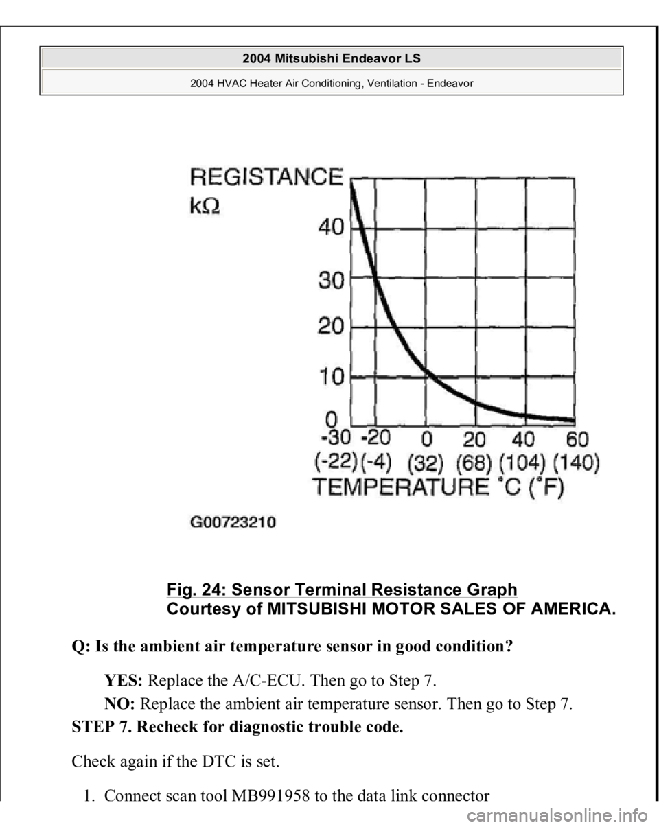 MITSUBISHI ENDEAVOR 2004  Service Repair Manual Q: Is the ambient air temperature sensor in good condition?
  
YES:
 Replace the A/C-ECU. Then go to Step 7.  
NO:
 Replace the ambient air temperature sensor. Then go to Step 7.  
STEP 7. Recheck for