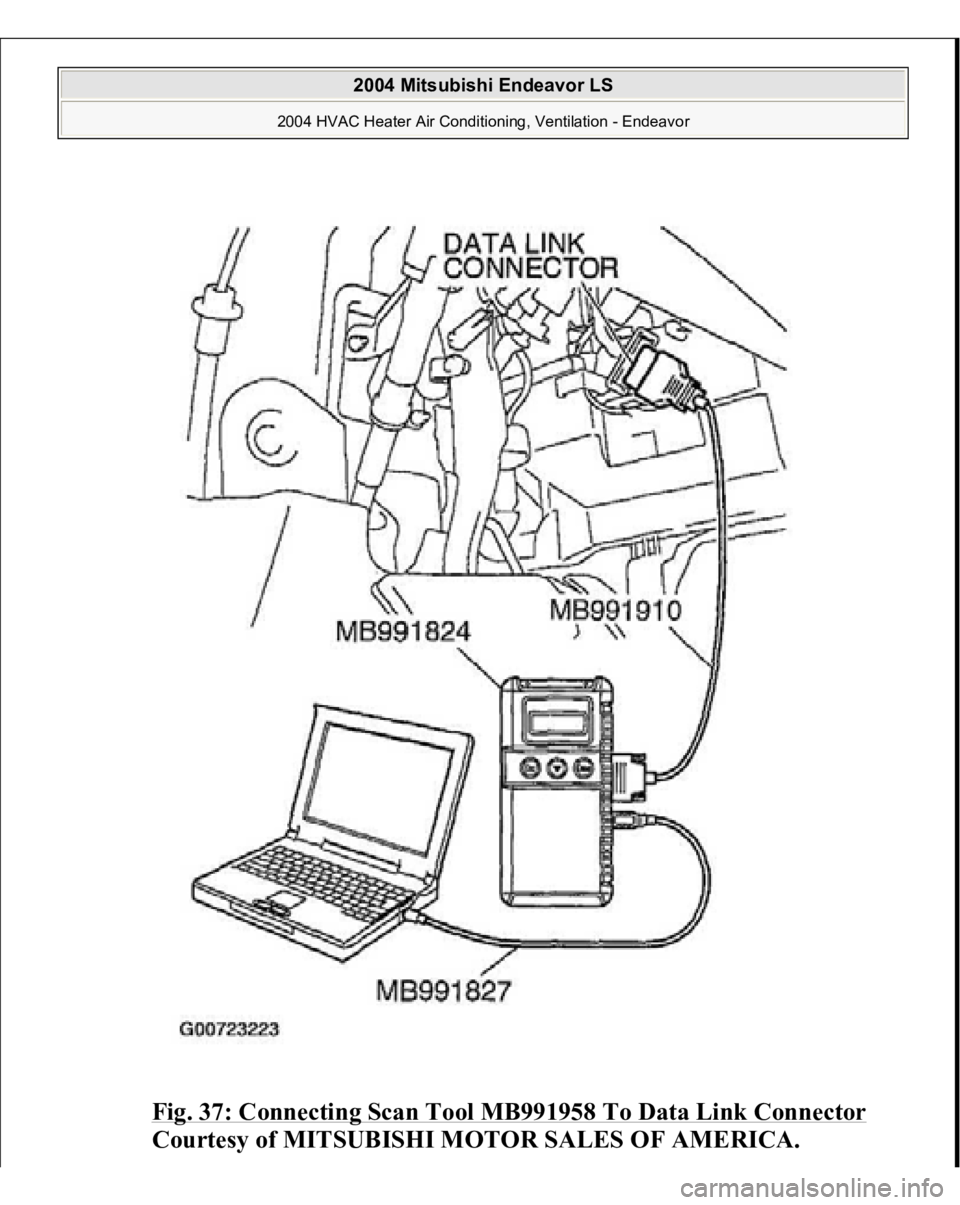 MITSUBISHI ENDEAVOR 2004  Service Repair Manual Fig. 37: Connecting Scan Tool MB991958 To Data Link Connector
 
Courtesy of MITSUBISHI MOTOR SALES OF AMERICA.
 
2004 Mitsubishi Endeavor LS 
2004 HVAC Heater Air Conditioning, Ventilation - Endeavor
