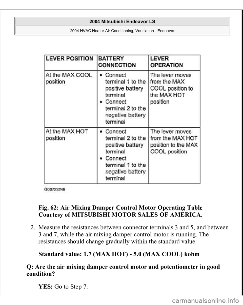MITSUBISHI ENDEAVOR 2004  Service Repair Manual Fig. 62: Air Mixing Damper Control Motor Operating Table
 
Courtesy of MITSUBISHI MOTOR SALES OF AMERICA.
 
2. Measure the resistances between connector terminals 3 and 5, and between 
3 and 7, while 