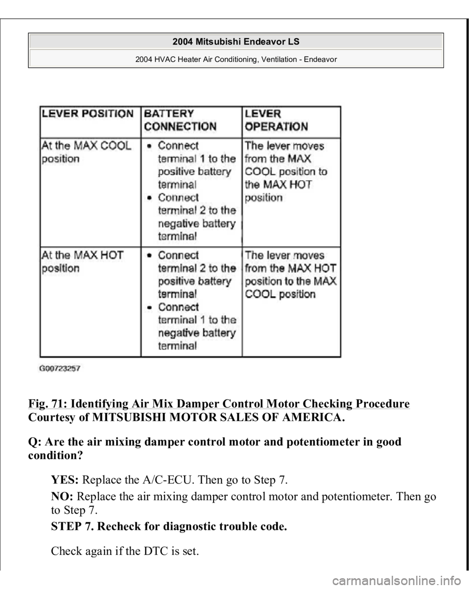 MITSUBISHI ENDEAVOR 2004  Service Repair Manual Fig. 71: Identifying Air Mix Damper Control Motor Checking Procedure
 
Courtesy of MITSUBISHI MOTOR SALES OF AMERICA.
 
Q: Are the air mixing damper control motor and potentiometer in good 
condition?