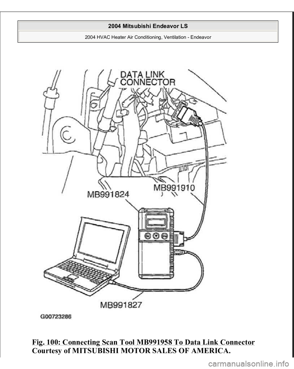 MITSUBISHI ENDEAVOR 2004  Service Repair Manual Fig. 100: Connecting Scan Tool MB991958 To Data Link Connector
 
Courtes
y of MITSUBISHI MOTOR SALES OF AMERICA
.
 
2004 Mitsubishi Endeavor LS 
2004 HVAC Heater Air Conditioning, Ventilation - Endeav