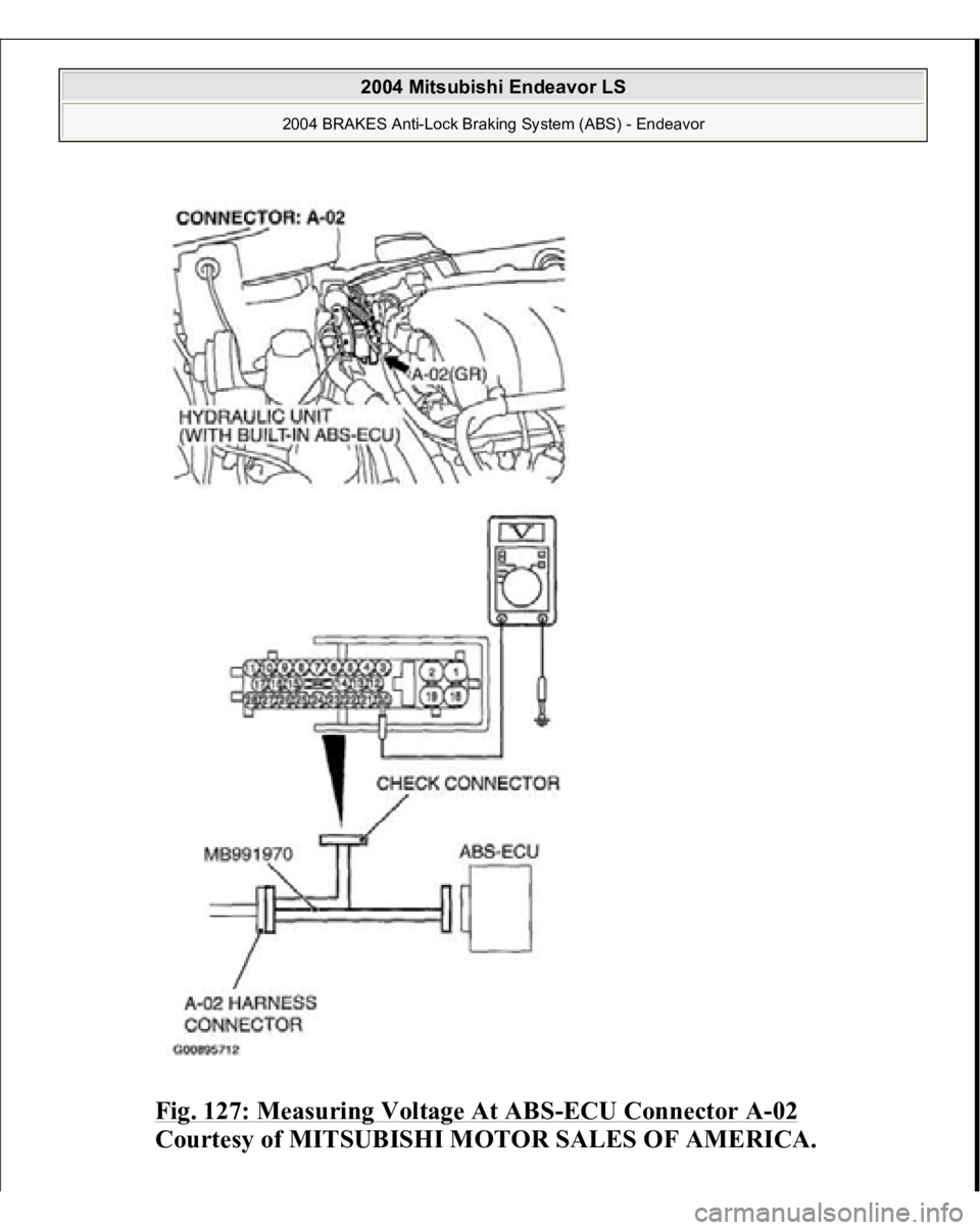 MITSUBISHI ENDEAVOR 2004  Service Repair Manual Fig. 127: Measuring Voltage At ABS
-ECU Connector A
-02 
Courtesy of MITSUBISHI MOTOR SALES OF AMERICA.
 
2004 Mitsubishi Endeavor LS 
2004 BRAKES Anti-Lock Braking System (ABS) - Endeavor
   