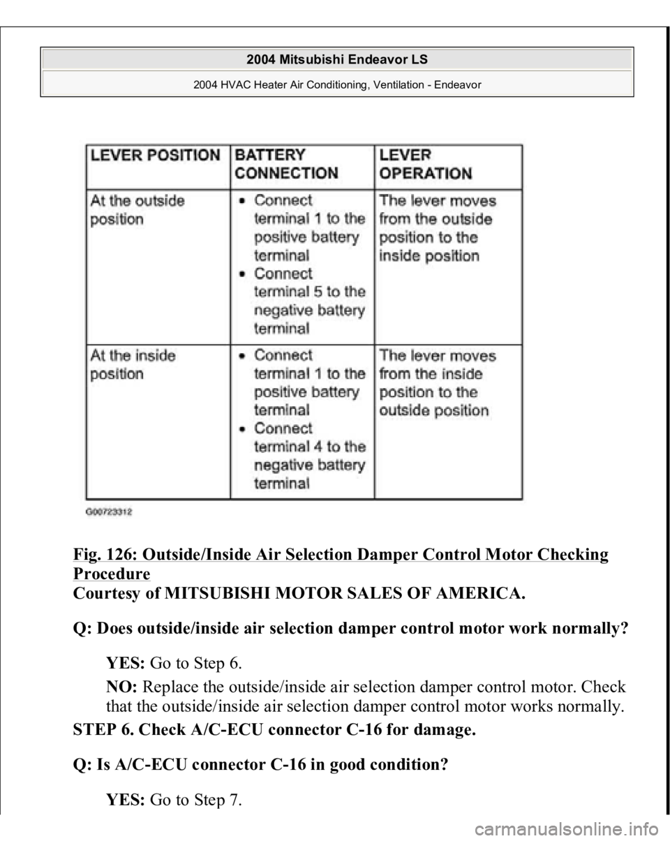 MITSUBISHI ENDEAVOR 2004  Service Repair Manual Fig. 126: Outside/Inside Air Selection Damper Control Motor Checking Procedure
 
Courtesy of MITSUBISHI MOTOR SALES OF AMERICA.
 
Q: Does outside/inside air selection damper control motor work normall