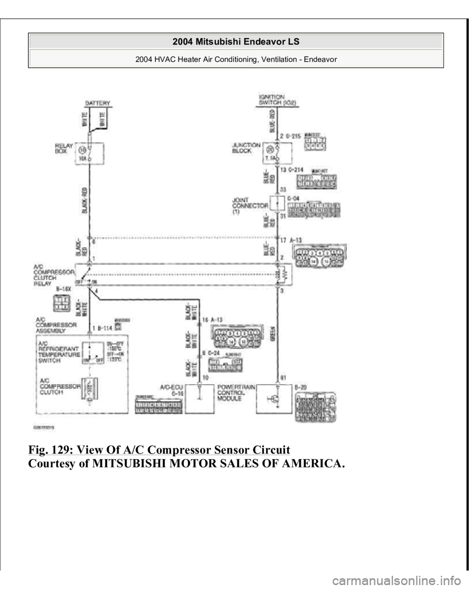 MITSUBISHI ENDEAVOR 2004  Service Repair Manual Fig. 129: View Of A/C Compressor Sensor Circuit
 
Courtesy of MITSUBISHI MOTOR SALES OF AMERICA. 
2004 Mitsubishi Endeavor LS 
2004 HVAC Heater Air Conditioning, Ventilation - Endeavor
   