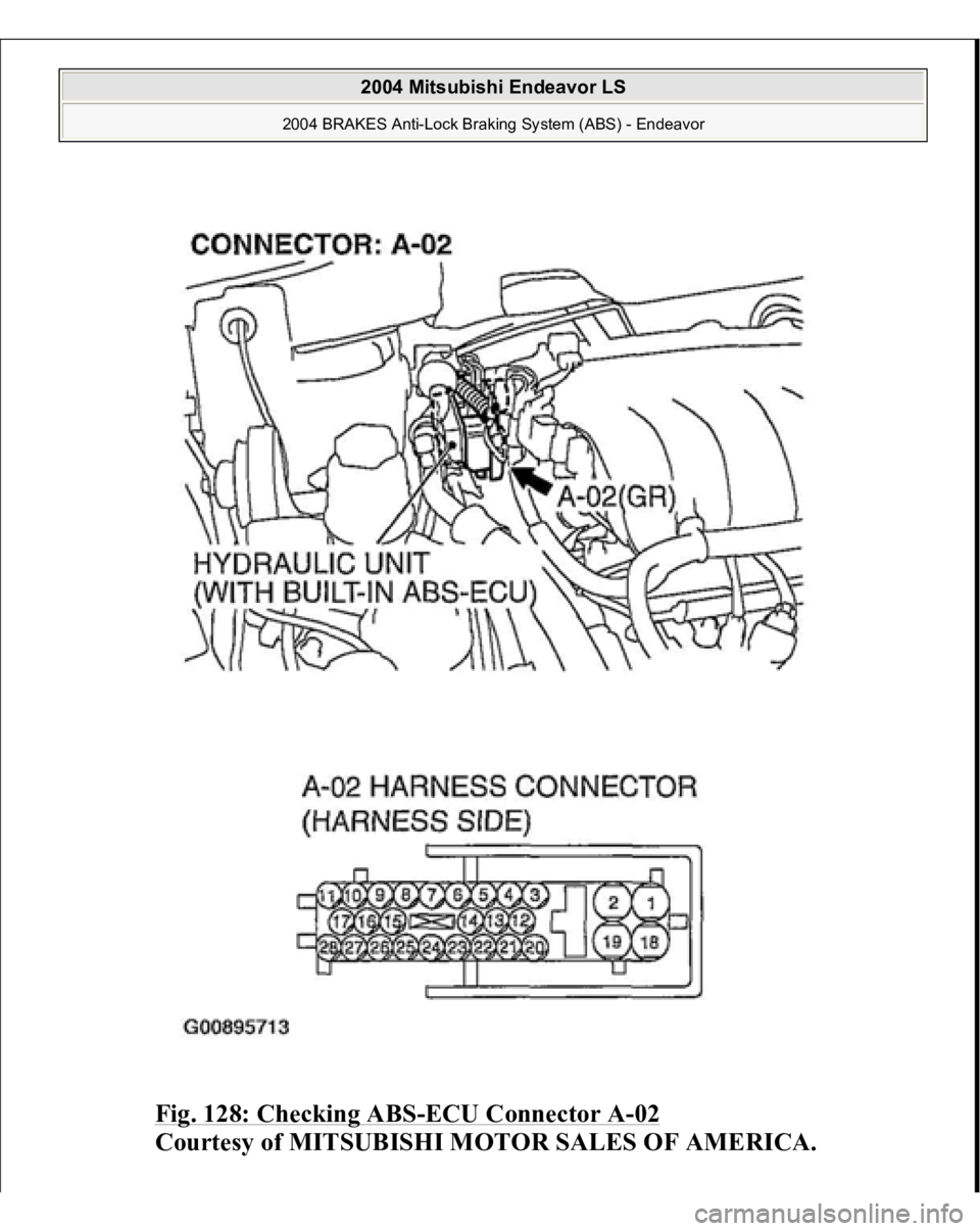 MITSUBISHI ENDEAVOR 2004  Service Repair Manual Fig. 128: Checking ABS
-ECU Connector A
-02 
Courtesy of MITSUBISHI MOTOR SALES OF AMERICA.
 
2004 Mitsubishi Endeavor LS 
2004 BRAKES Anti-Lock Braking System (ABS) - Endeavor
   