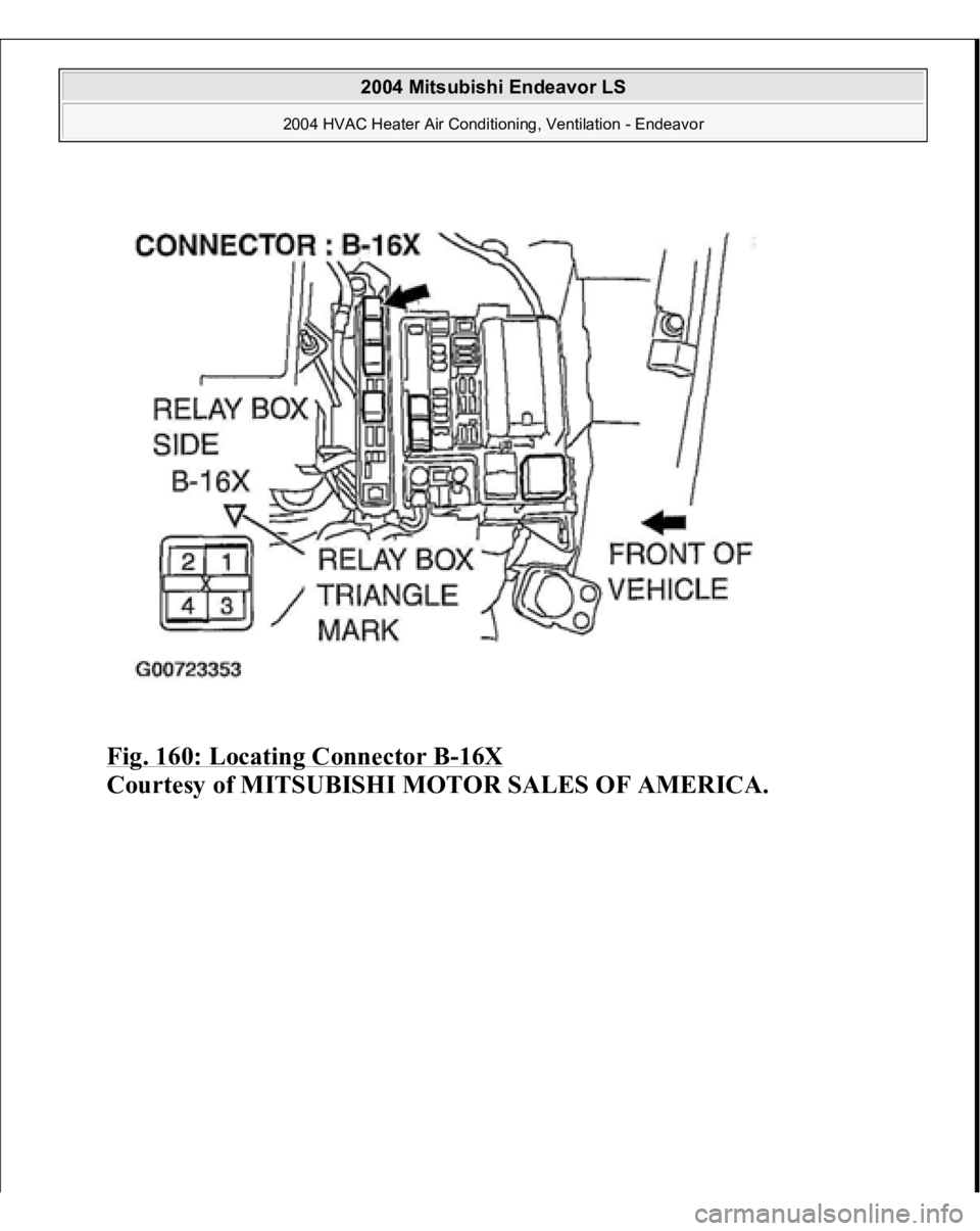 MITSUBISHI ENDEAVOR 2004  Service Repair Manual Fig. 160: Locating Connector B
-16X
 
Courtesy of MITSUBISHI MOTOR SALES OF AMERICA.
 
2004 Mitsubishi Endeavor LS 
2004 HVAC Heater Air Conditioning, Ventilation - Endeavor
   
