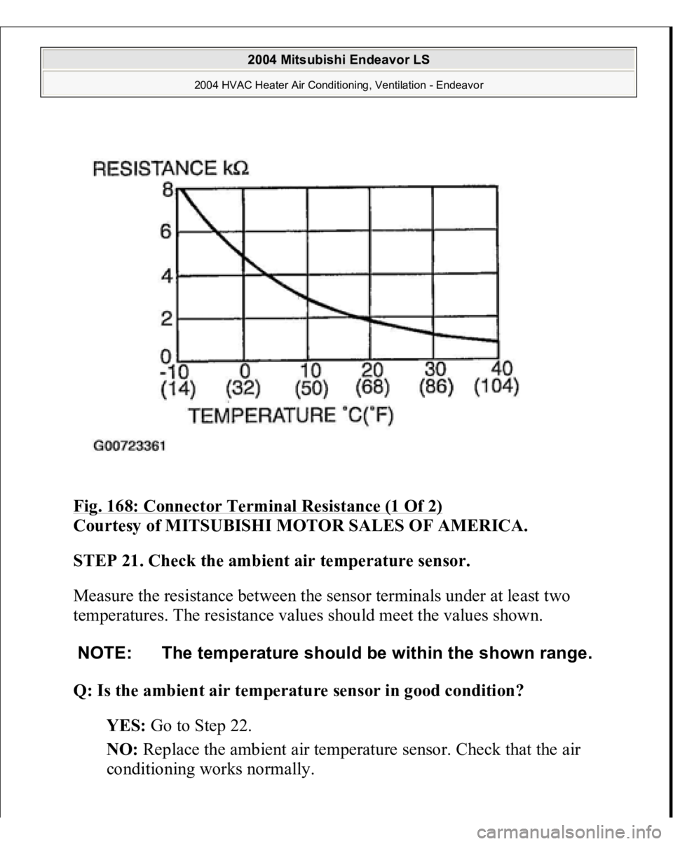 MITSUBISHI ENDEAVOR 2004  Service Repair Manual Fig. 168: Connector Terminal Resistance (1 Of 2)
 
Courtesy of MITSUBISHI MOTOR SALES OF AMERICA.
 
STEP 21. Check the ambient air temperature sensor.
 
Measure the resistance between the sensor termi