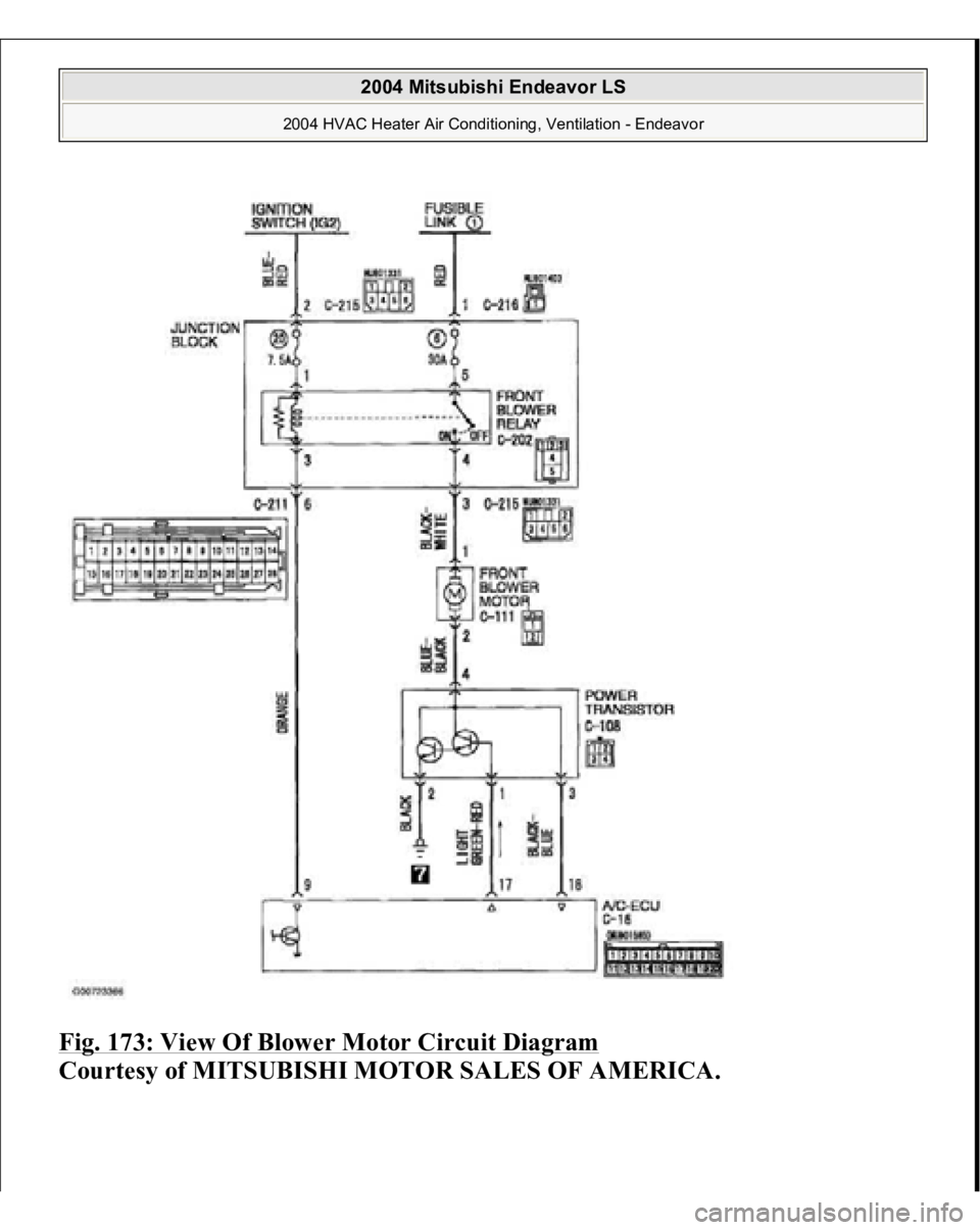 MITSUBISHI ENDEAVOR 2004  Service Repair Manual Fig. 173: View Of Blower Motor Circuit Diagram
 
Courtes
y of MITSUBISHI MOTOR SALES OF AMERICA
.
 
2004 Mitsubishi Endeavor LS 
2004 HVAC Heater Air Conditioning, Ventilation - Endeavor
   