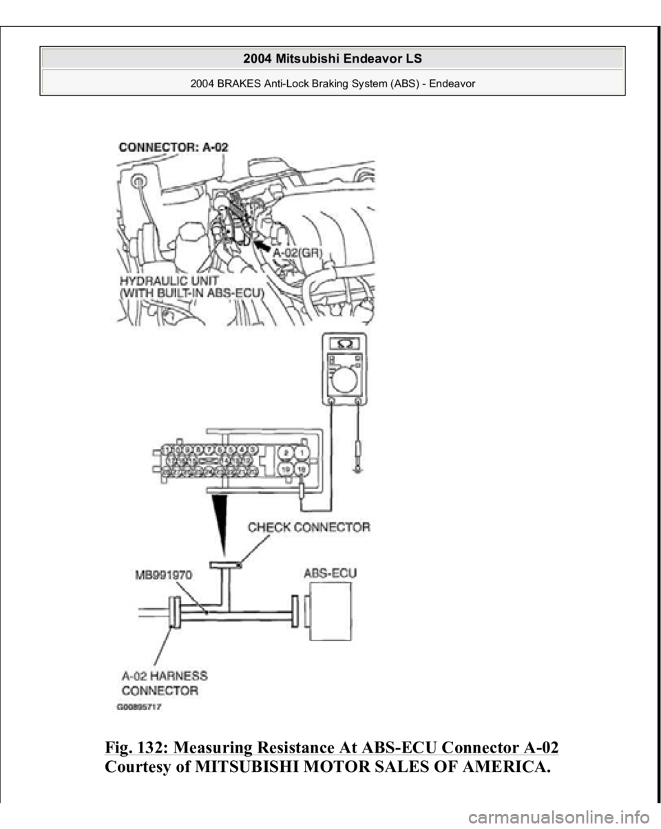 MITSUBISHI ENDEAVOR 2004  Service Repair Manual Fig. 132: Measuring Resistance At ABS
-ECU Connector A
-02 
Courtesy of MITSUBISHI MOTOR SALES OF AMERICA.
 
2004 Mitsubishi Endeavor LS 
2004 BRAKES Anti-Lock Braking System (ABS) - Endeavor
   