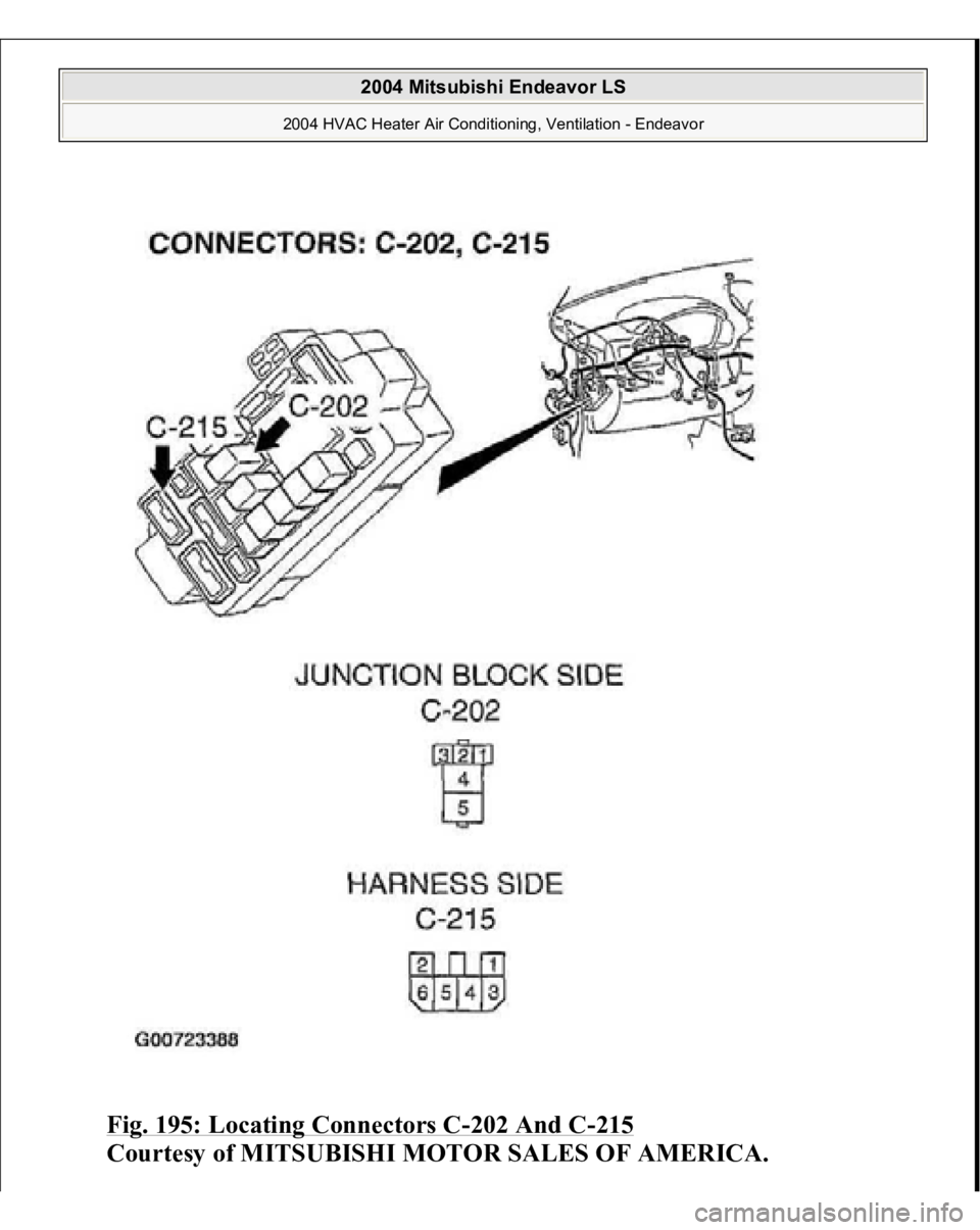 MITSUBISHI ENDEAVOR 2004  Service Repair Manual Fig. 195: Locating Connectors C
-202 And C
-215
 
Courtesy of MITSUBISHI MOTOR SALES OF AMERICA.
 
 
2004 Mitsubishi Endeavor LS 
2004 HVAC Heater Air Conditioning, Ventilation - Endeavor
   