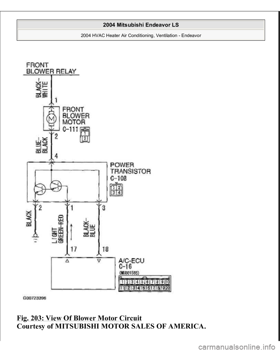 MITSUBISHI ENDEAVOR 2004  Service Repair Manual Fig. 203: View Of Blower Motor Circuit
 
Courtesy of MITSUBISHI MOTOR SALES OF AMERICA. 
2004 Mitsubishi Endeavor LS 
2004 HVAC Heater Air Conditioning, Ventilation - Endeavor
   