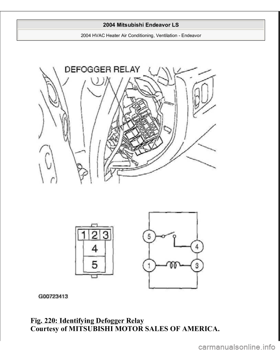 MITSUBISHI ENDEAVOR 2004  Service Repair Manual Fig. 220: Identifying Defogger Relay
 
Courtes
y of MITSUBISHI MOTOR SALES OF AMERICA
.
 
2004 Mitsubishi Endeavor LS 
2004 HVAC Heater Air Conditioning, Ventilation - Endeavor
   