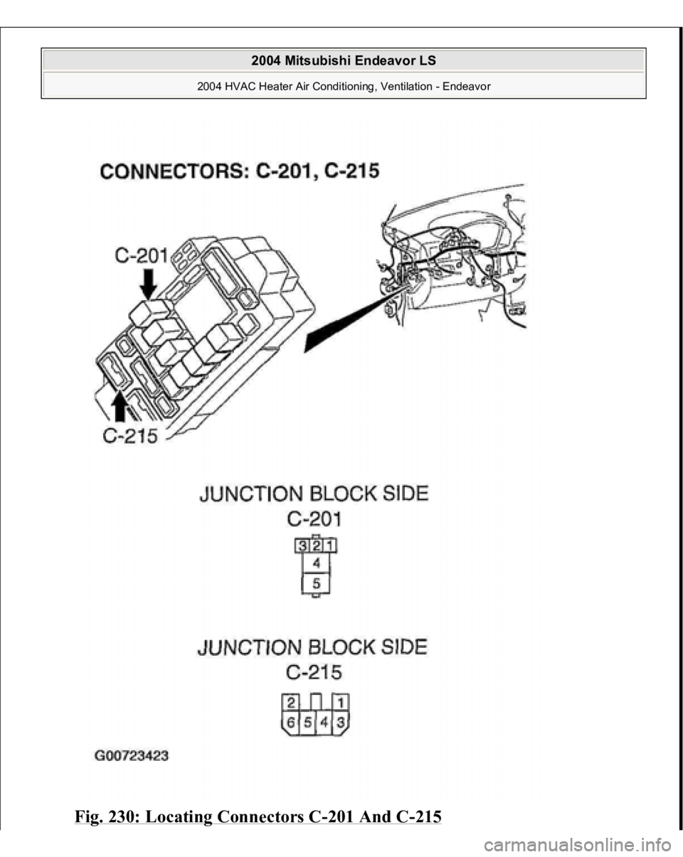 MITSUBISHI ENDEAVOR 2004  Service Repair Manual Fig. 230: Locating Connectors C
-201 And C
-215
 
 
2004 Mitsubishi Endeavor LS 
2004 HVAC Heater Air Conditioning, Ventilation - Endeavor
   
