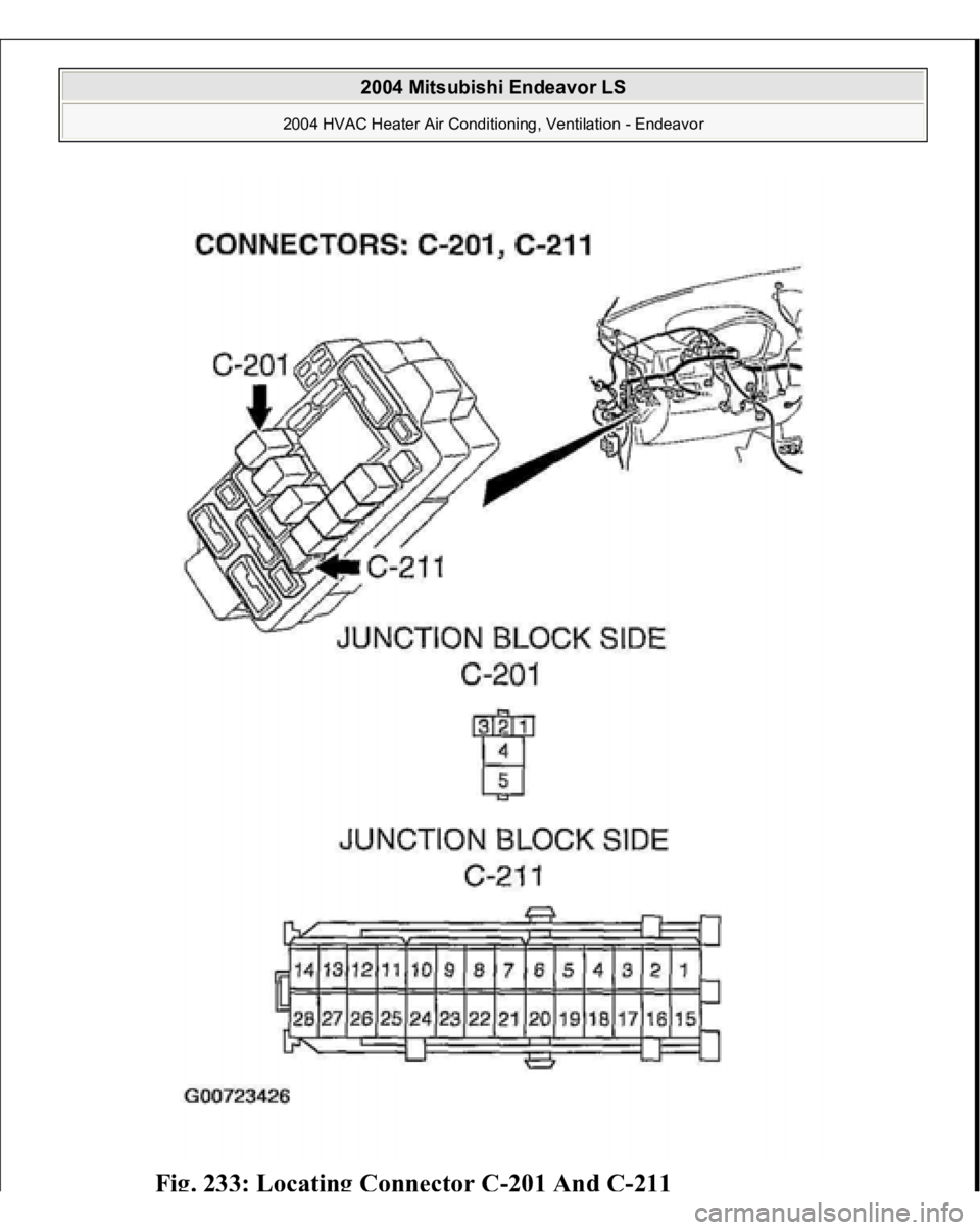 MITSUBISHI ENDEAVOR 2004  Service Repair Manual Fig. 233: Locating Connector C
-201 And C
-211
 
2004 Mitsubishi Endeavor LS 
2004 HVAC Heater Air Conditioning, Ventilation - Endeavor
   