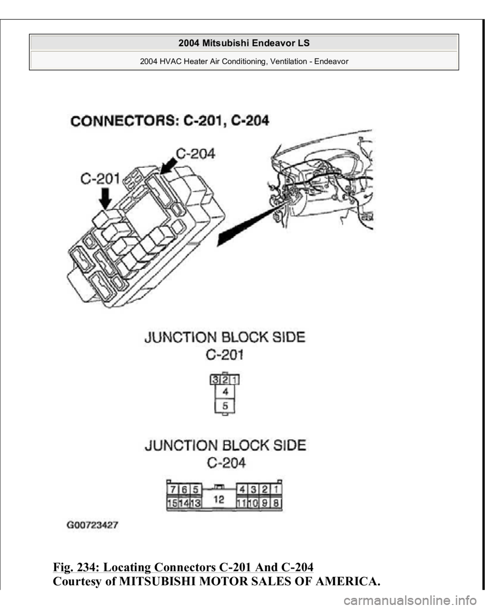 MITSUBISHI ENDEAVOR 2004  Service Repair Manual Fig. 234: Locating Connectors C
-201 And C
-204
 
Courtesy of MITSUBISHI MOTOR SALES OF AMERICA.
 
2004 Mitsubishi Endeavor LS 
2004 HVAC Heater Air Conditioning, Ventilation - Endeavor
   