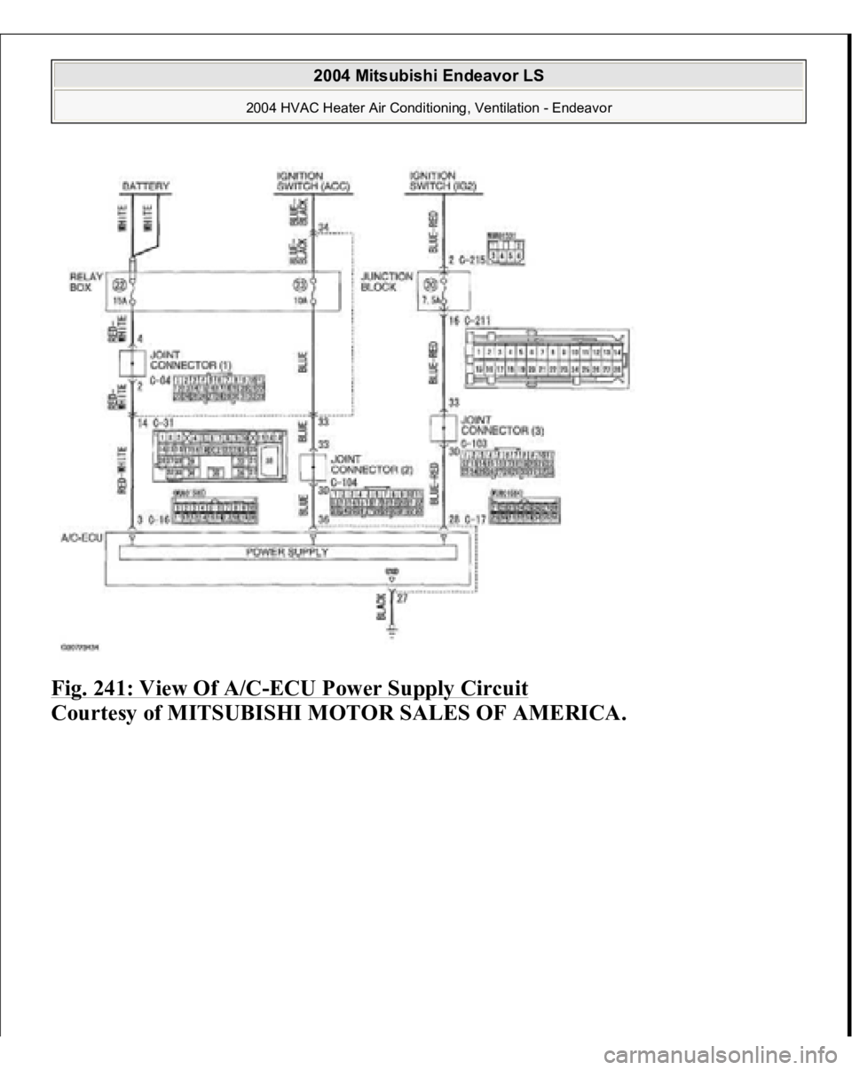 MITSUBISHI ENDEAVOR 2004  Service Repair Manual Fig. 241: View Of A/C
-ECU Power Supply Circuit
 
Courtesy of MITSUBISHI MOTOR SALES OF AMERICA. 
2004 Mitsubishi Endeavor LS 
2004 HVAC Heater Air Conditioning, Ventilation - Endeavor
   