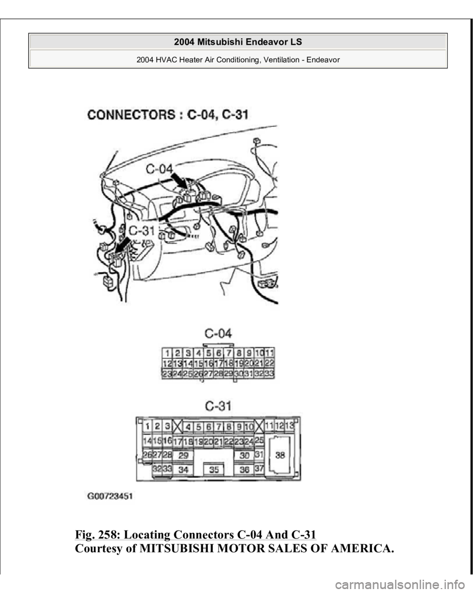 MITSUBISHI ENDEAVOR 2004  Service Repair Manual Fig. 258: Locating Connectors C
-04 And C
-31 
Courtesy of MITSUBISHI MOTOR SALES OF AMERICA.
 
2004 Mitsubishi Endeavor LS 
2004 HVAC Heater Air Conditioning, Ventilation - Endeavor
   