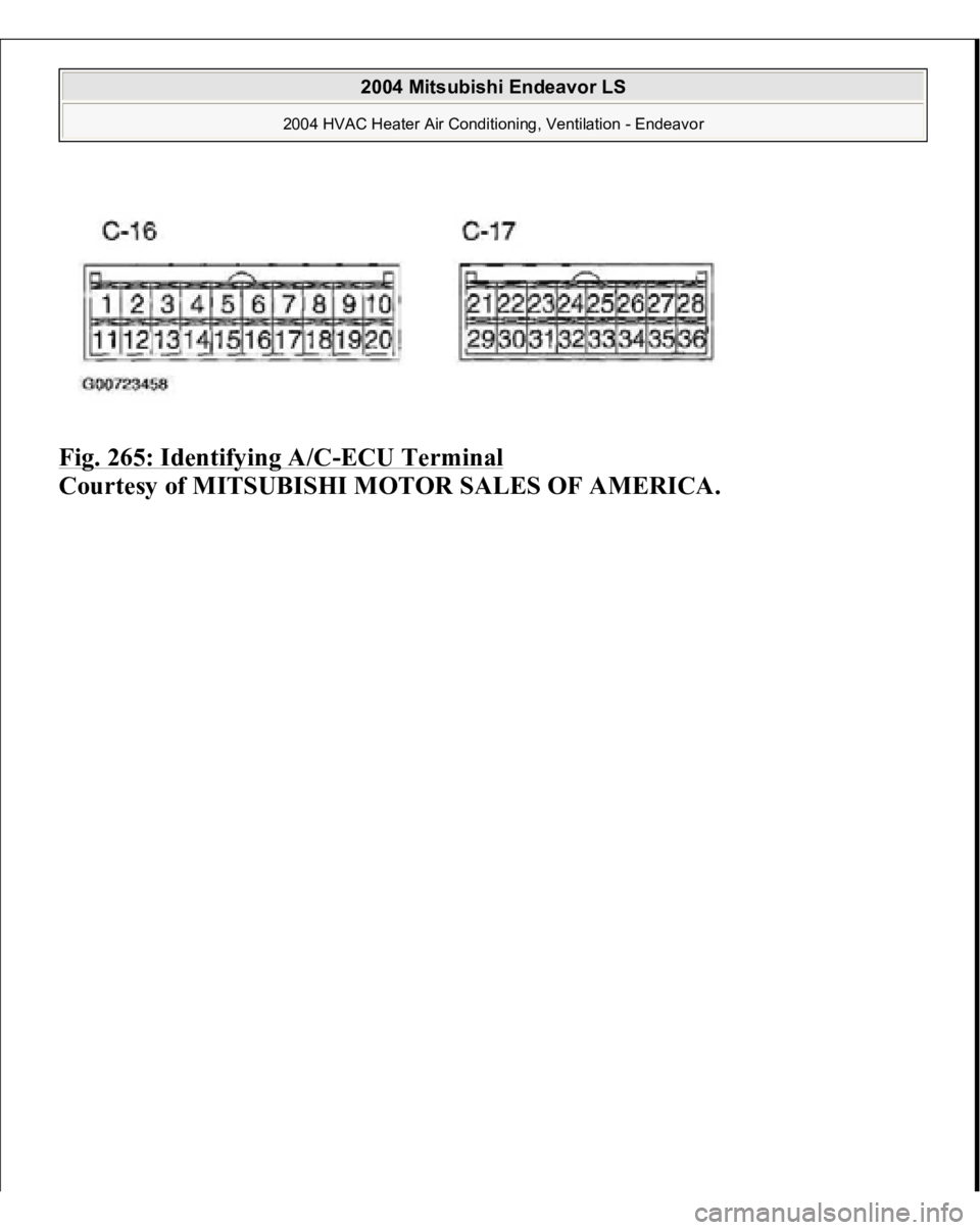 MITSUBISHI ENDEAVOR 2004  Service Repair Manual Fig. 265: Identifying A/C
-ECU Terminal
 
Courtesy of MITSUBISHI MOTOR SALES OF AMERICA. 
2004 Mitsubishi Endeavor LS 
2004 HVAC Heater Air Conditioning, Ventilation - Endeavor
   