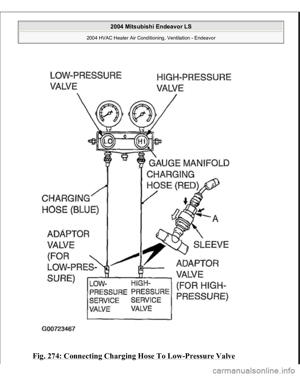 MITSUBISHI ENDEAVOR 2004  Service Repair Manual Fig. 274: Connectin
g Char
ging Hose To Lo
w-Pressure Valve
 
2004 Mitsubishi Endeavor LS 
2004 HVAC Heater Air Conditioning, Ventilation - Endeavor
   