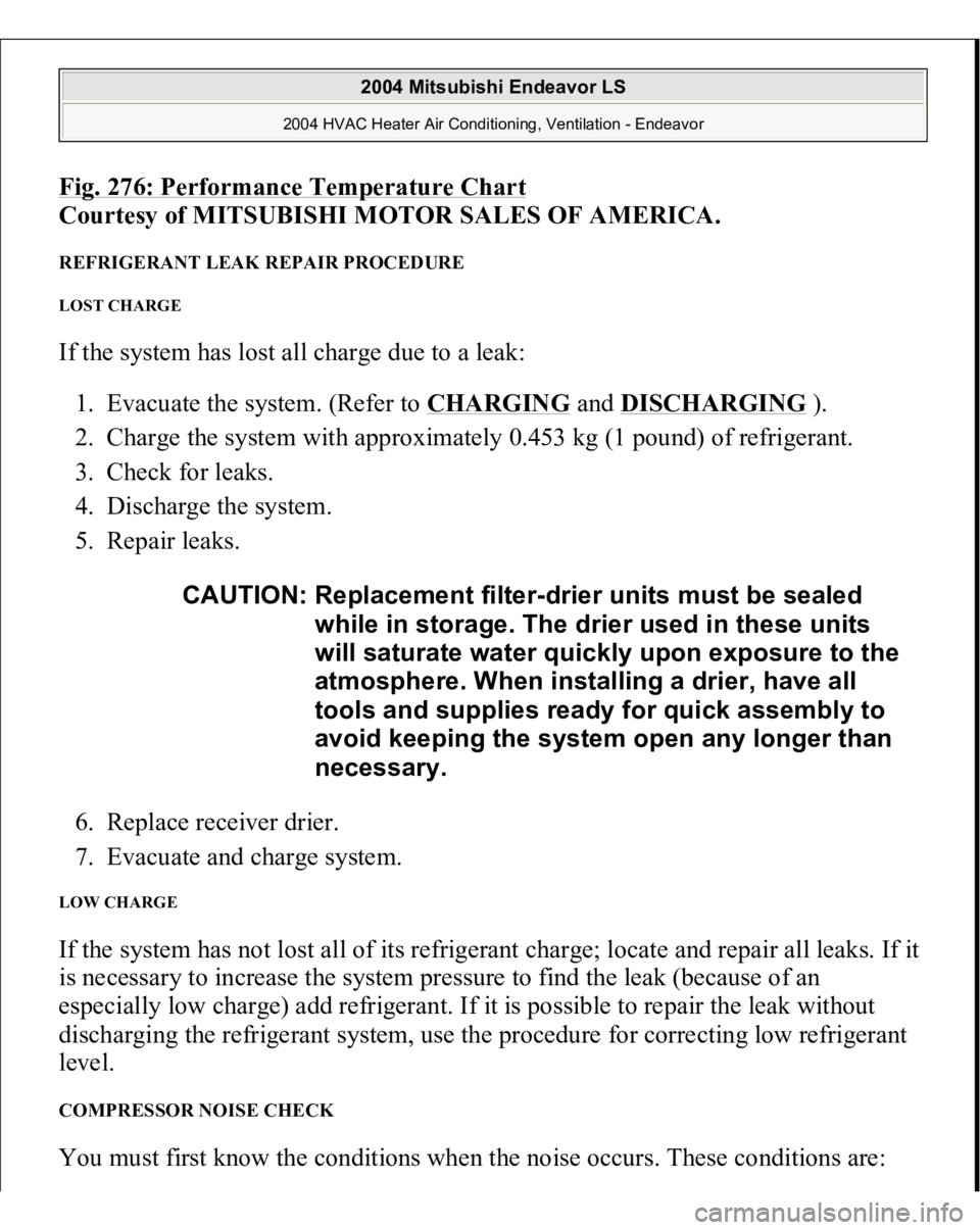 MITSUBISHI ENDEAVOR 2004 Service Repair Manual Fig. 276: Performance Temperature Char
t
Courtesy of MITSUBISHI MOTOR SALES OF AMERICA.
REFRIGERANT LEAK REPAIR PROCEDURE LOST CHARGE If the system has lost all charge due to a leak:
1. Evacuate t MITSUBISHI ENDEAVOR 2004 Service Repair Manual Fig. 276: Performance Temperature Char
t
Courtesy of MITSUBISHI MOTOR SALES OF AMERICA.
REFRIGERANT LEAK REPAIR PROCEDURE LOST CHARGE If the system has lost all charge due to a leak:
1. Evacuate t