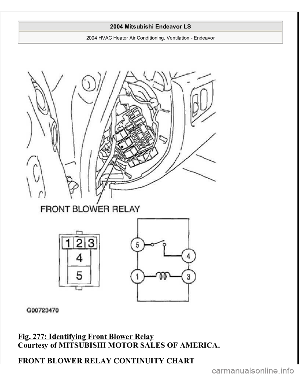 MITSUBISHI ENDEAVOR 2004  Service Repair Manual Fig. 277: Identifying Front Blower Relay
 
Courtesy of MITSUBISHI MOTOR SALES OF AMERICA.
 
FRONT BLOWER RELAY CONTINUITY CHART
 
 
2004 Mitsubishi Endeavor LS 
2004 HVAC Heater Air Conditioning, Vent