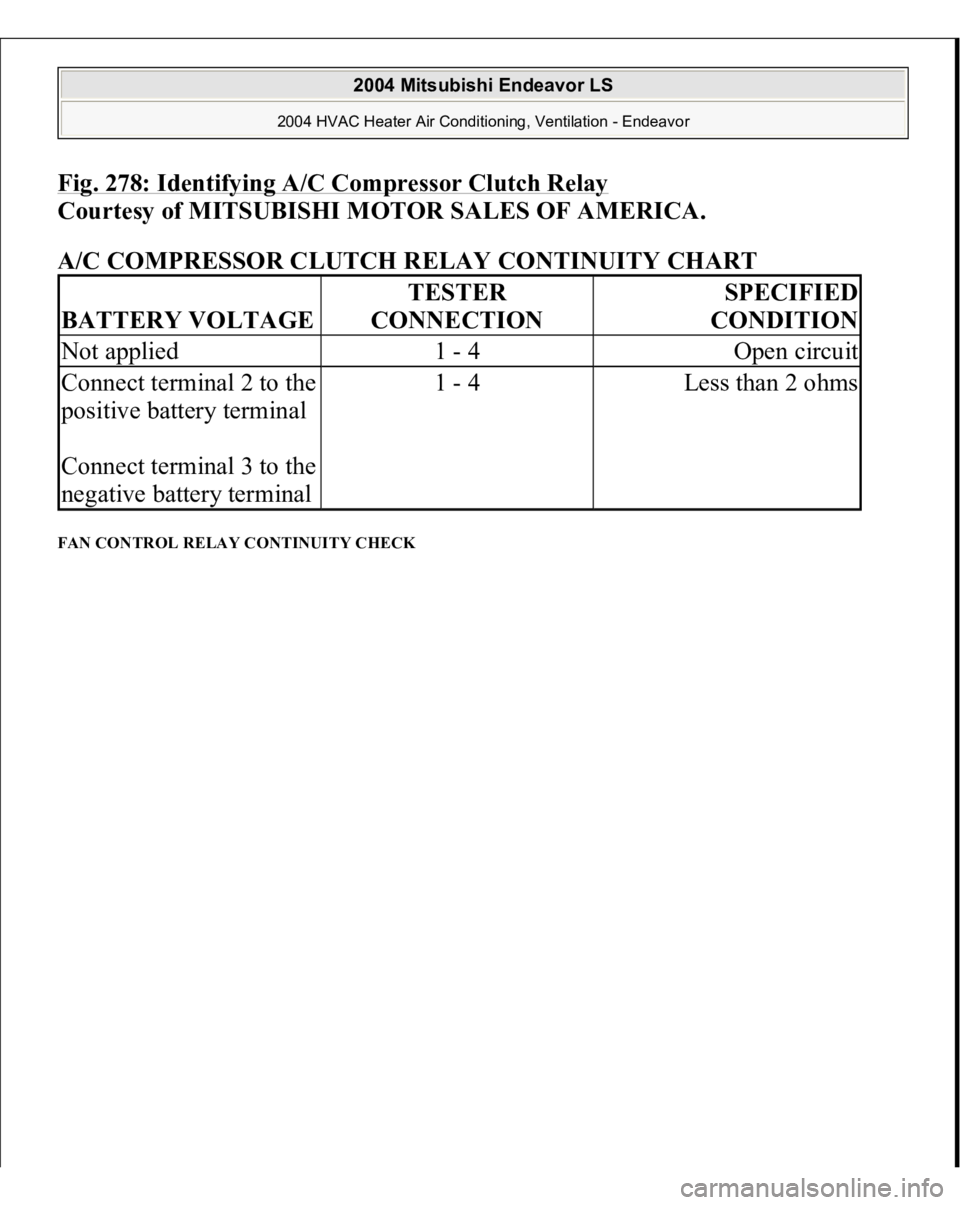 MITSUBISHI ENDEAVOR 2004  Service Repair Manual Fig. 278: Identifying A/C Compressor Clutch Relay
 
Courtesy of MITSUBISHI MOTOR SALES OF AMERICA.
 
A/C COMPRESSOR CLUTCH RELAY CONTINUITY CHART
 
FAN CONTROL RELAY CONTINUITY CHECK BATTERY VOLTAGE
T