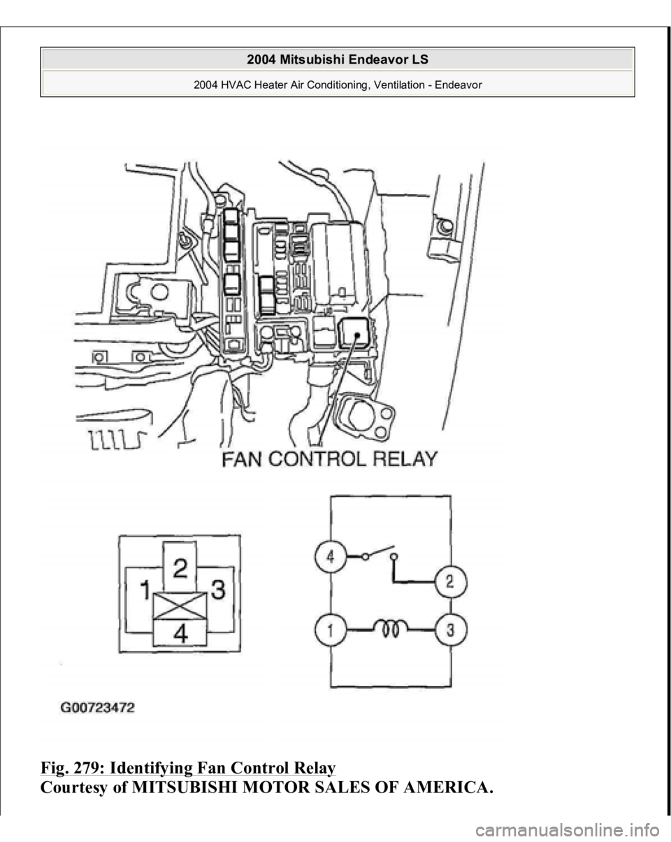 MITSUBISHI ENDEAVOR 2004  Service Repair Manual Fig. 279: Identifying Fan Control Relay
 
Courtesy of MITSUBISHI MOTOR SALES OF AMERICA. 
2004 Mitsubishi Endeavor LS 
2004 HVAC Heater Air Conditioning, Ventilation - Endeavor
   