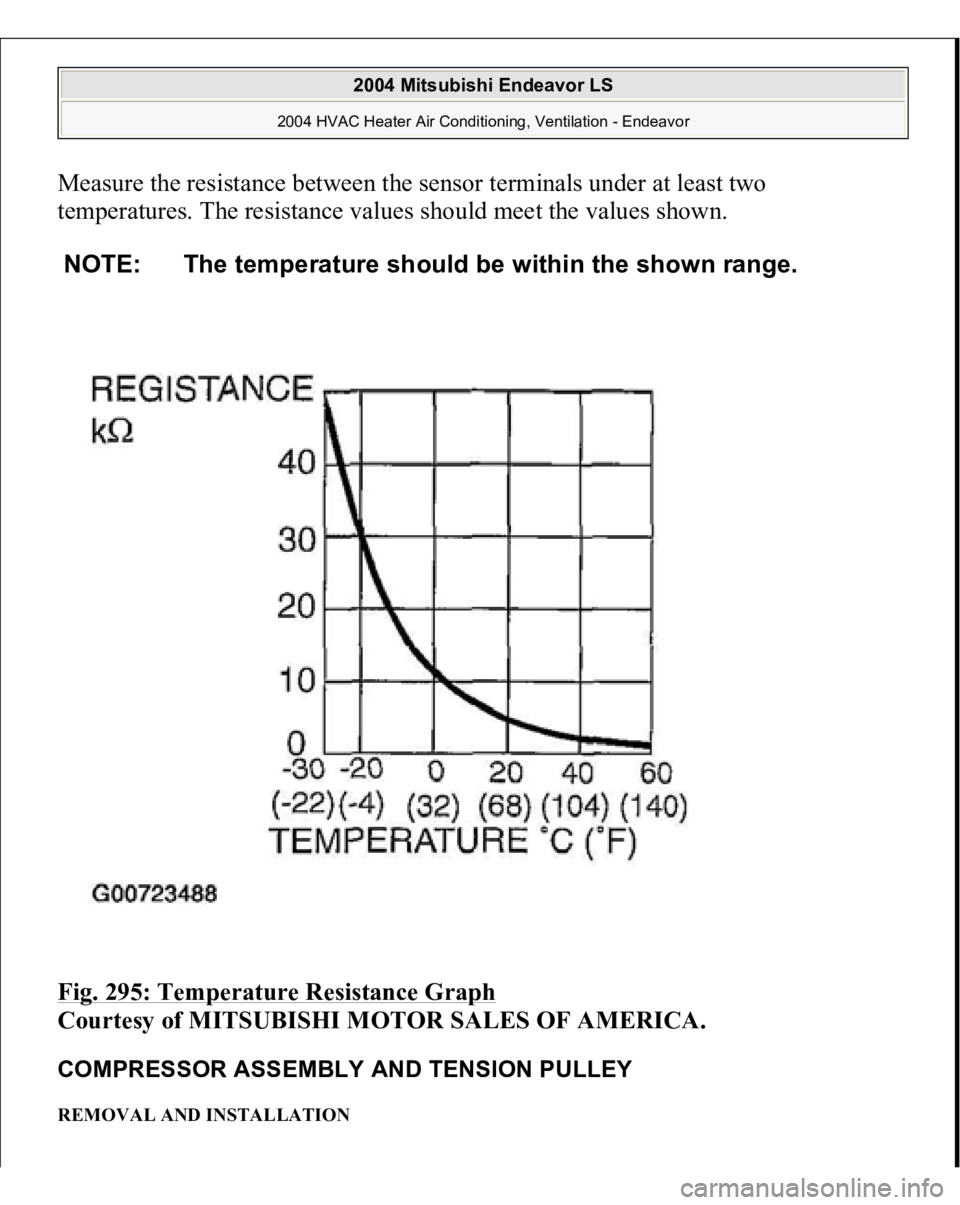 MITSUBISHI ENDEAVOR 2004  Service Repair Manual Measure the resistance between the sensor terminals under at least two 
temperatures. The resistance values should meet the values shown. Fig. 295: Temperature Resistance Graph
 
Courtesy of MITSUBISH