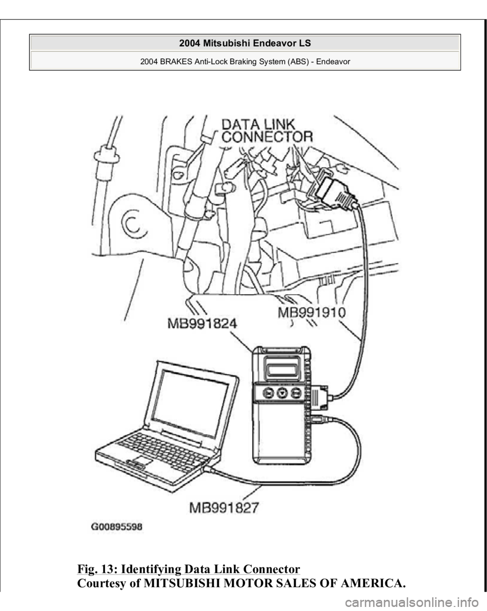 MITSUBISHI ENDEAVOR 2004  Service Owners Manual Fig. 13: Identifying Data Link Connector
 
Courtesy of MITSUBISHI MOTOR SALES OF AMERICA.
 
2004 Mitsubishi Endeavor LS 
2004 BRAKES Anti-Lock Braking System (ABS) - Endeavor
   