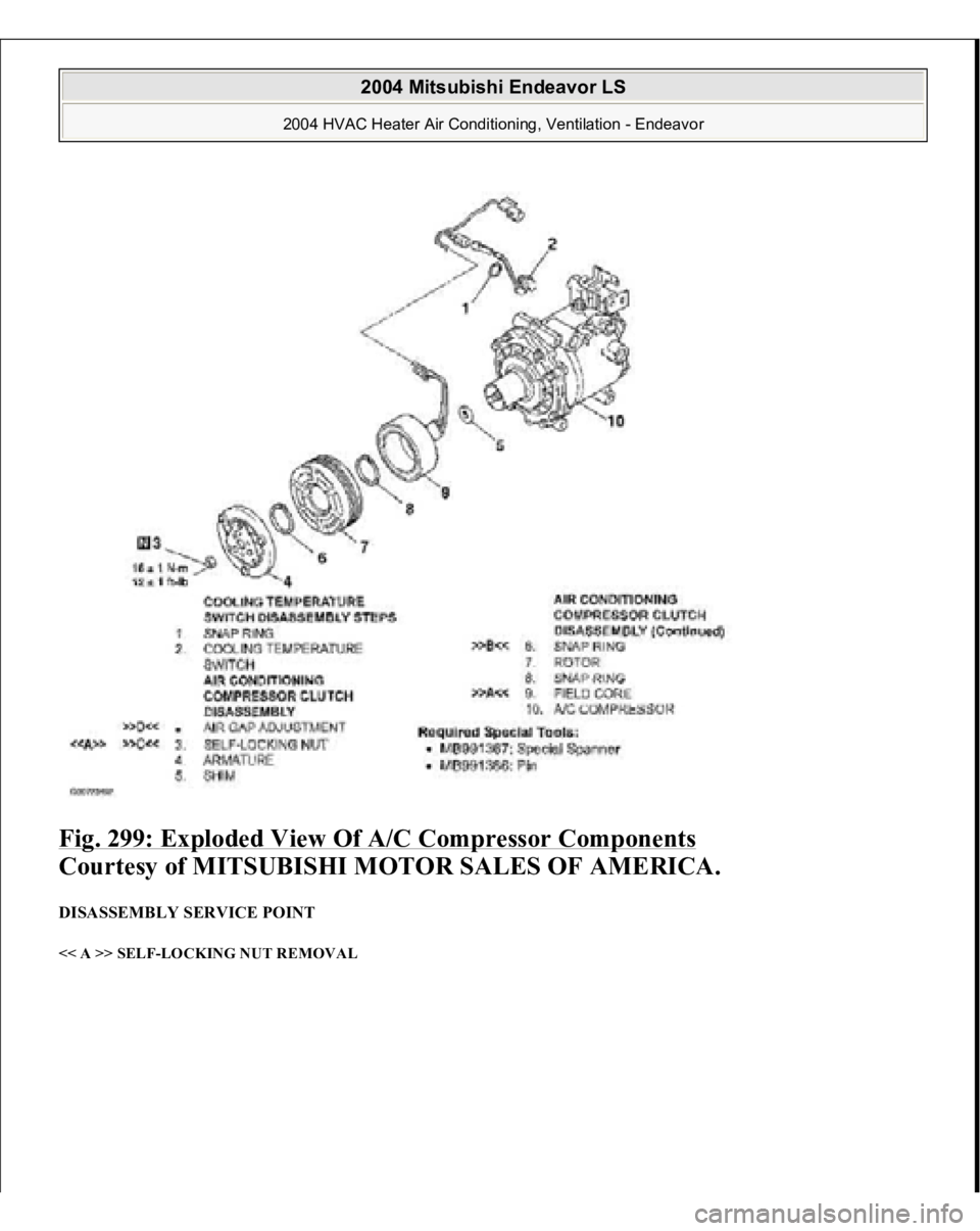 MITSUBISHI ENDEAVOR 2004  Service Repair Manual Fig. 299: Exploded View Of A/C Compressor Components
 
Courtesy of MITSUBISHI MOTOR SALES OF AMERICA.
 
DISASSEMBLY SERVICE POINT << A >> SELF-LOCKING NUT REMOVAL  
2004 Mitsubishi Endeavor LS 
2004 H