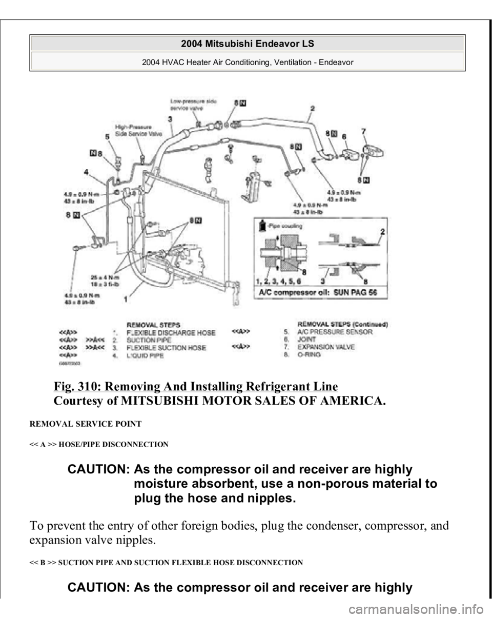MITSUBISHI ENDEAVOR 2004  Service Repair Manual Fig. 310: Removing And Installing Refrigerant Line
 
Courtesy of MITSUBISHI MOTOR SALES OF AMERICA.
 
REMOVAL SERVICE POINT << A >> HOSE/PIPE DISCONNECTION To prevent the entry of other foreign bodies